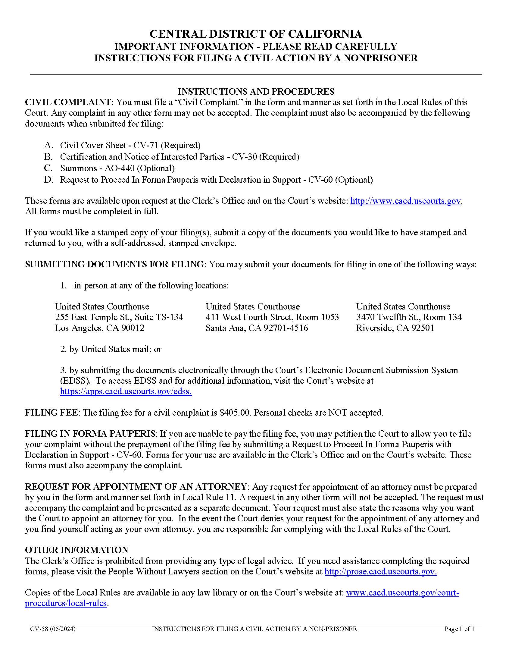 Instructions For Filing A Civil Action By A Non-Prisoner {CV-58} | Pdf Fpdf Doc Docx | California