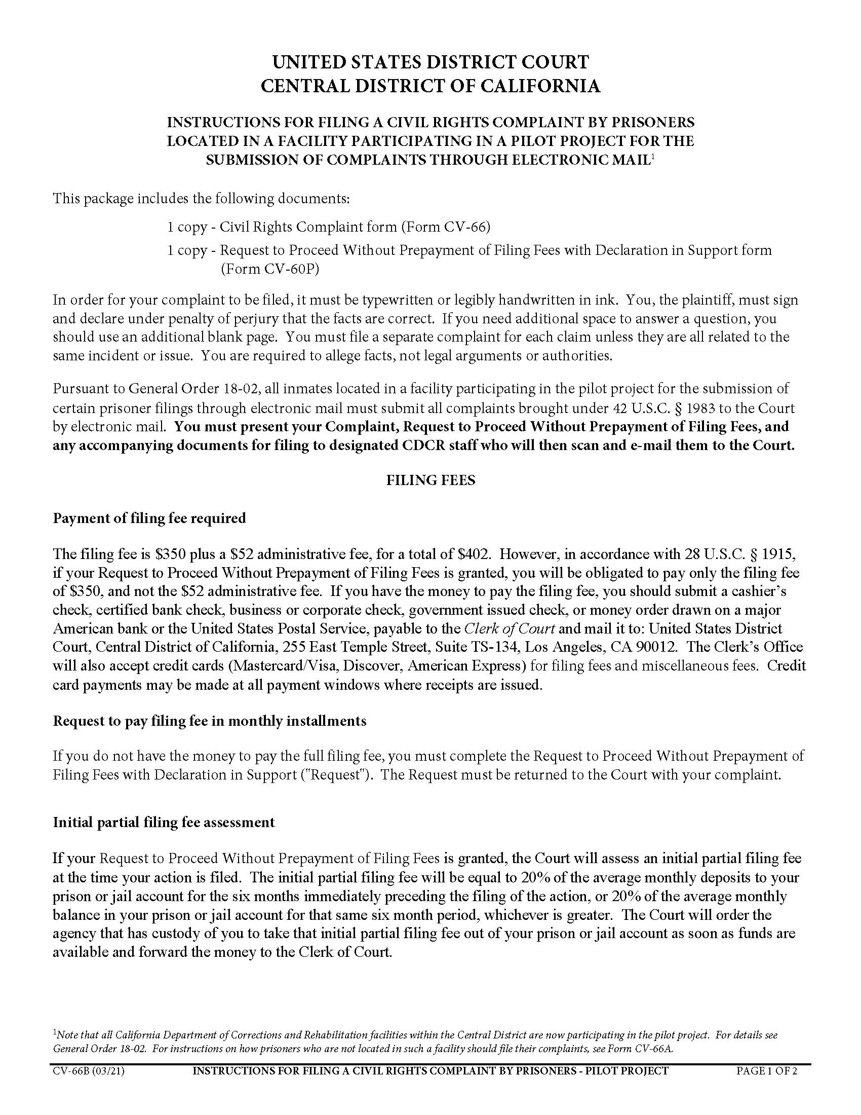Instructions For Filing A Civil Rights Complaint By A Prisoner-Pilot Project {CV-66B} | Pdf Fpdf Docx | California