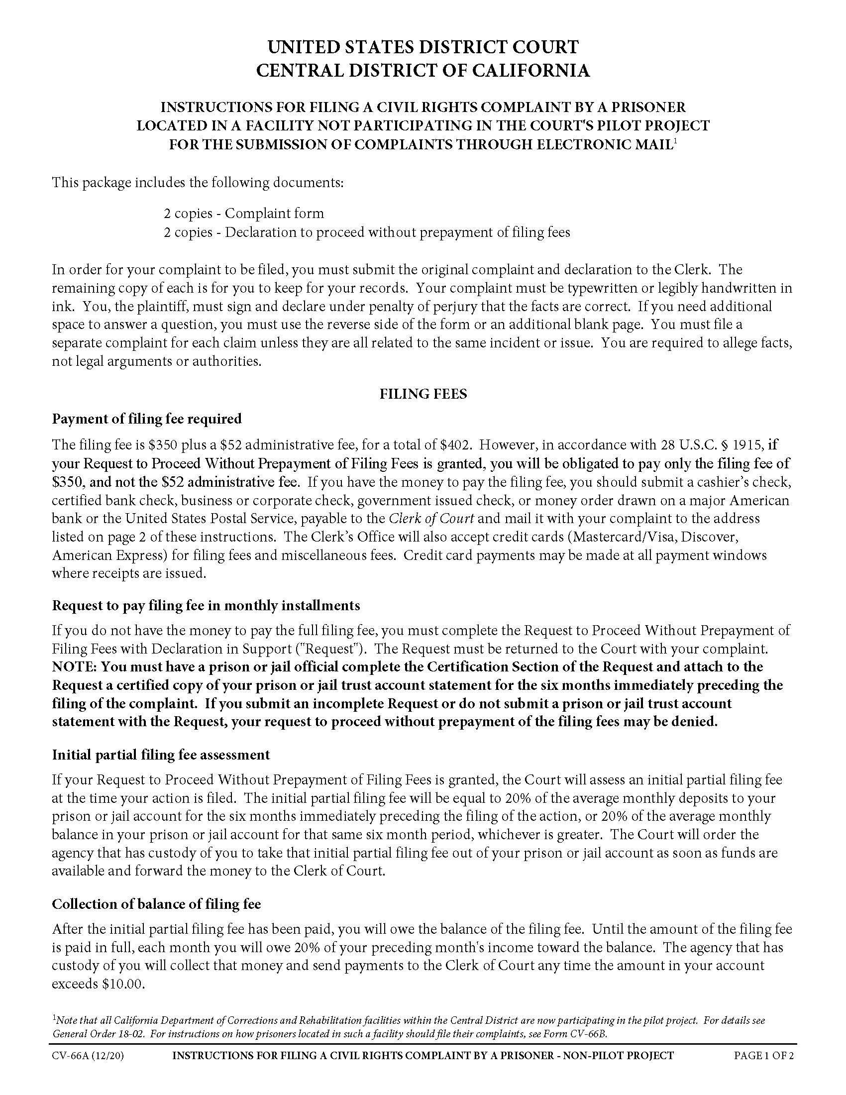Instructions For Filing Civil Rights Complaint By A Prisoner-General Instructions {CV-66A} | Pdf Fpdf Docx | California