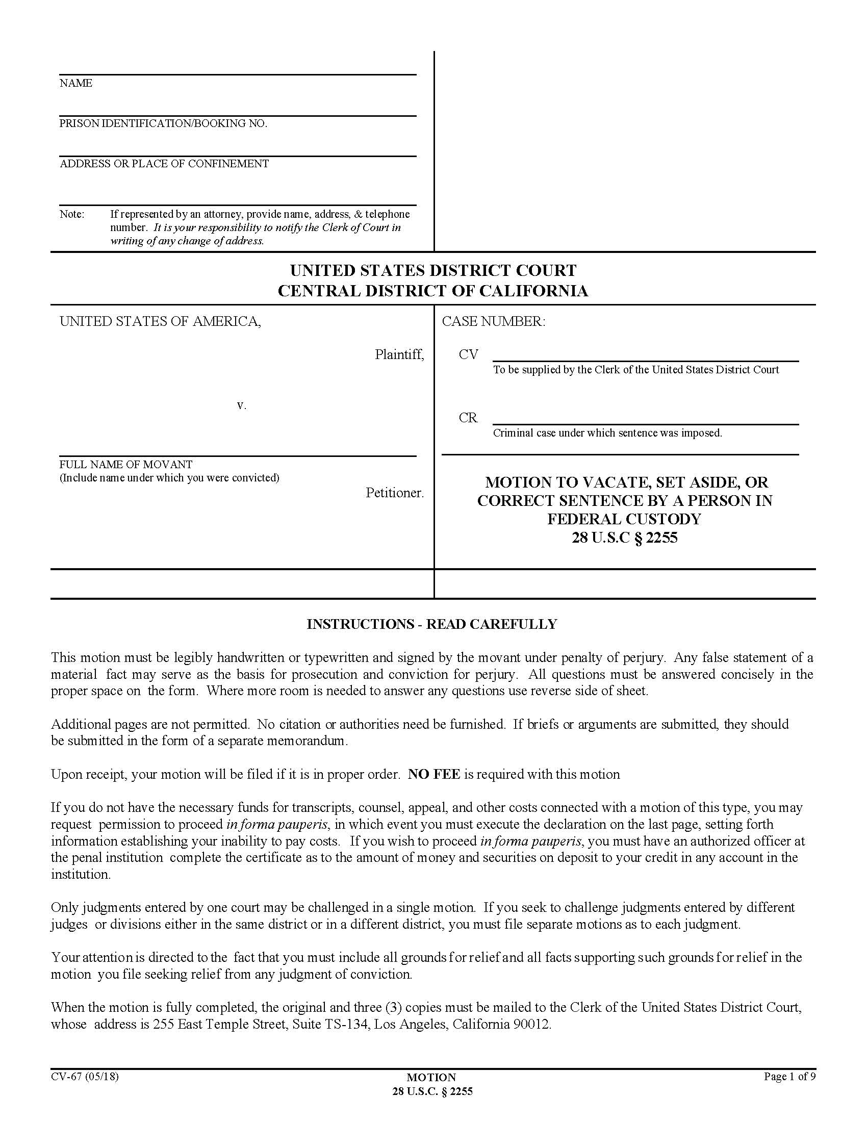 Motion To Vacate Set Aside Or Correct Sentence By A Person In Federal Custody {CV-67} | Pdf Fpdf Docx | California