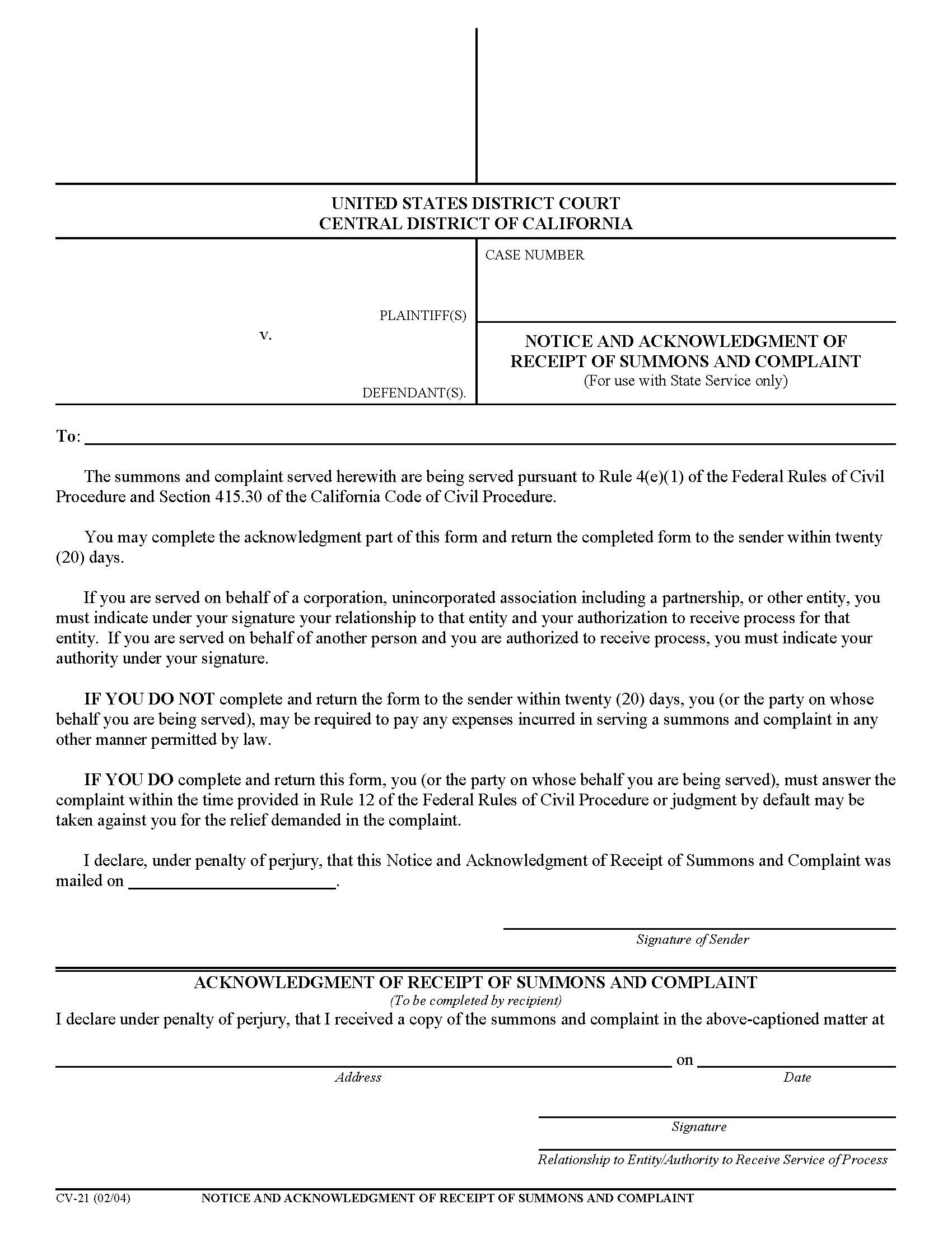 Notice Of Acknowledgment Of Receipt Of Summons And Complaint {CV-21} | Pdf Fpdf Doc Docx | California
