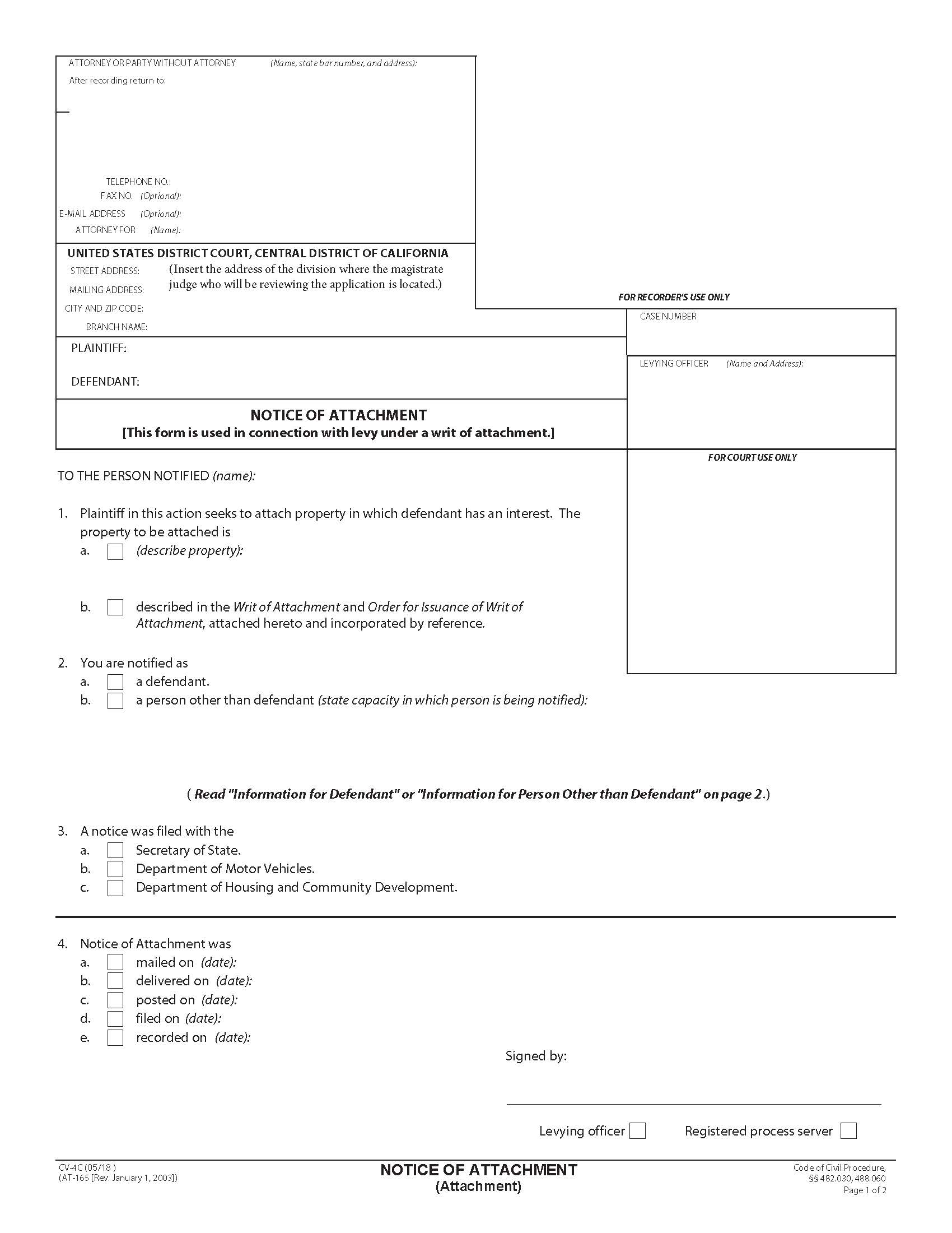 Notice Of Attachment (Attachment) {CV-4C} | Pdf Fpdf Docx | California