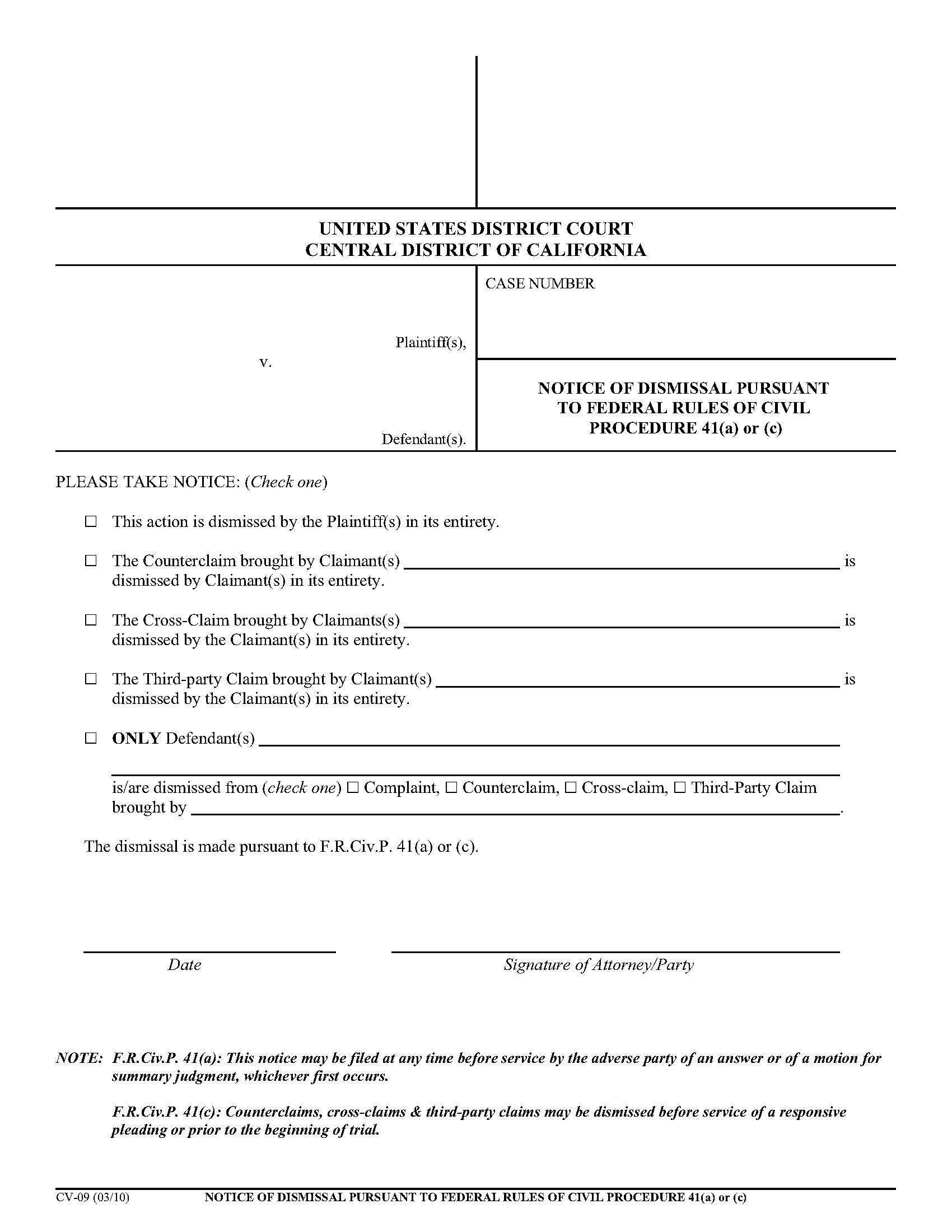 Notice Of Dismissal Pursuant To Federal Rules Of Civil Procedure 41(a) Or (c) {CV-09} | Pdf Fpdf Doc Docx | California