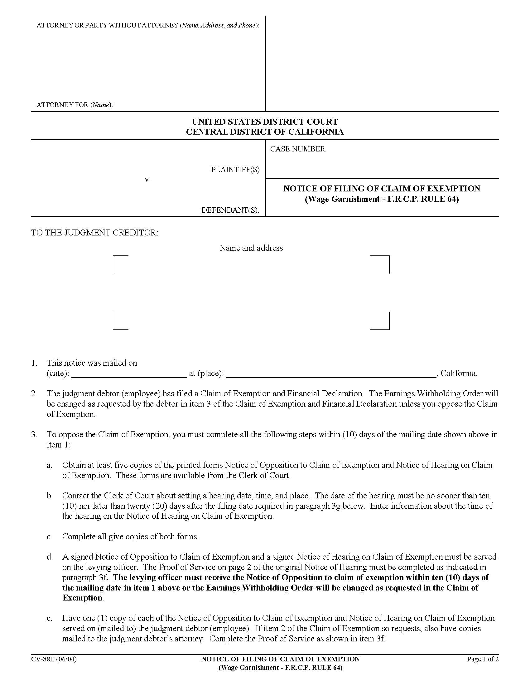 Notice Of Filing Of Claim Of Exemption (Wage Garnishment-FRCP Rule 64) {CV-88E} | Pdf Fpdf Doc Docx | California