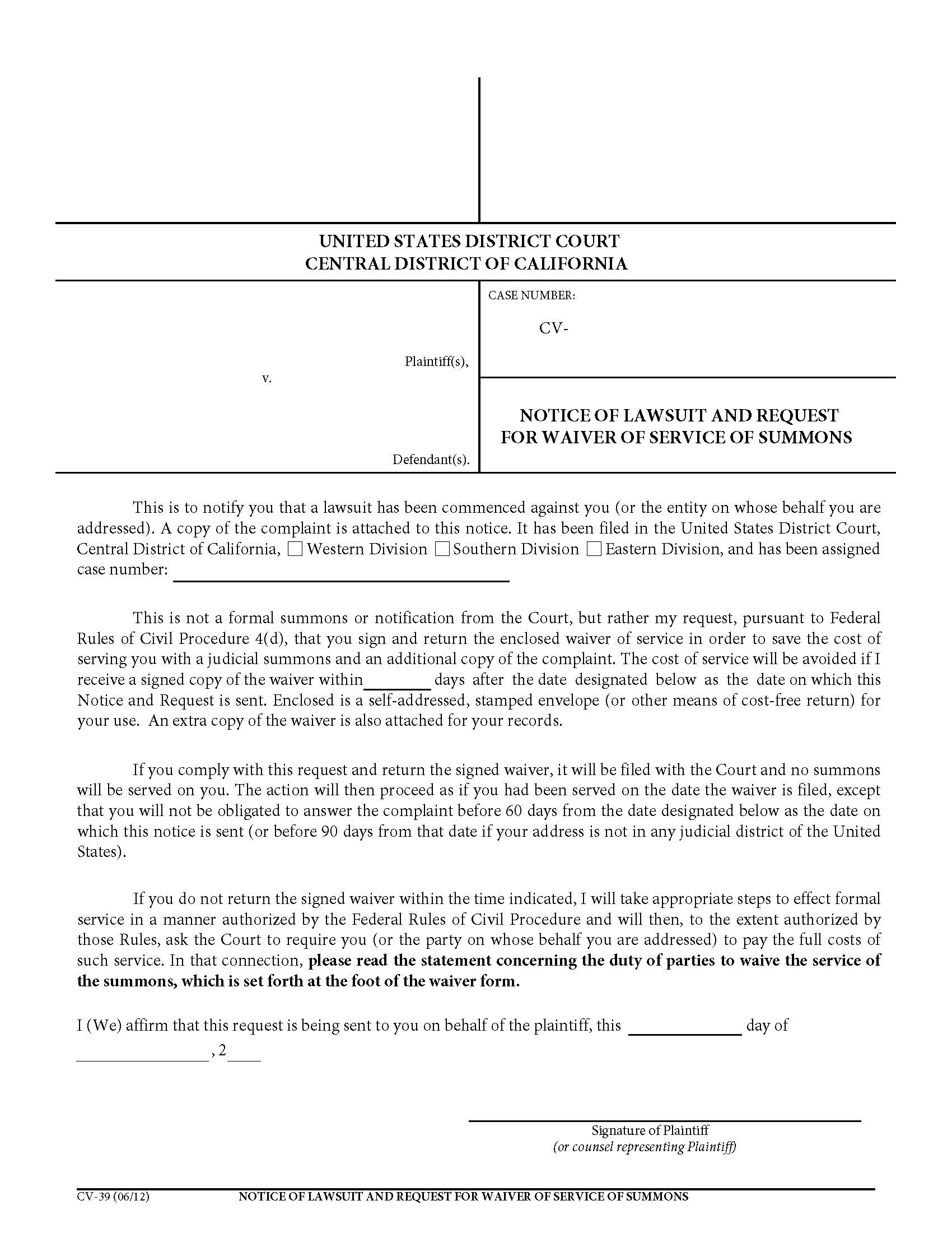 Notice Of Lawsuit And Request For Waiver Of Service Of Summons {CV-39} | Pdf Fpdf Doc Docx | California