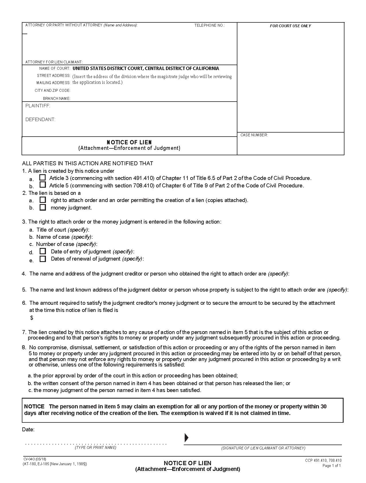 Notice Of Lien (Attachment-Enforcement Of Judgment) {CV-4O} | Pdf Fpdf Docx | California