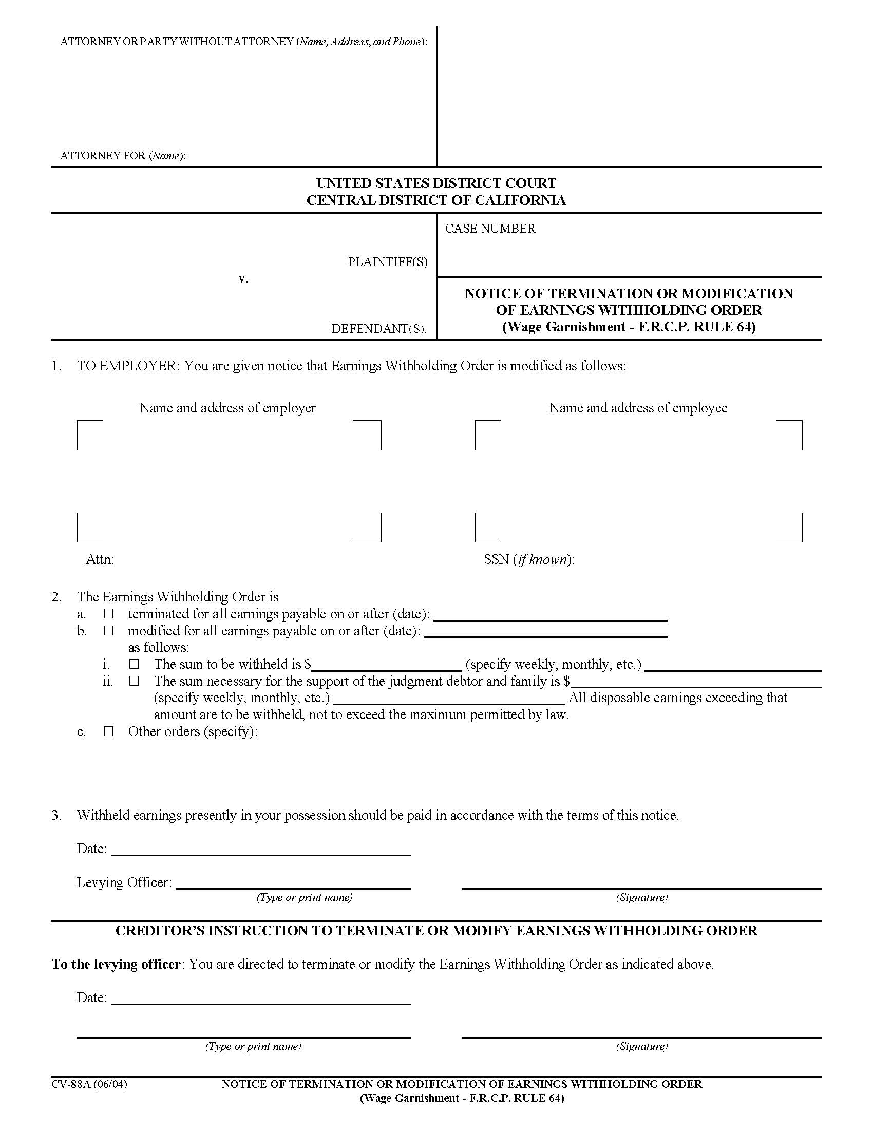 Notice Of Termination Of Modification Of Earning Withholding Order (Wage Garnishement-FRCP Rule 64) {CV-88A} | Pdf Fpdf Doc Docx | California