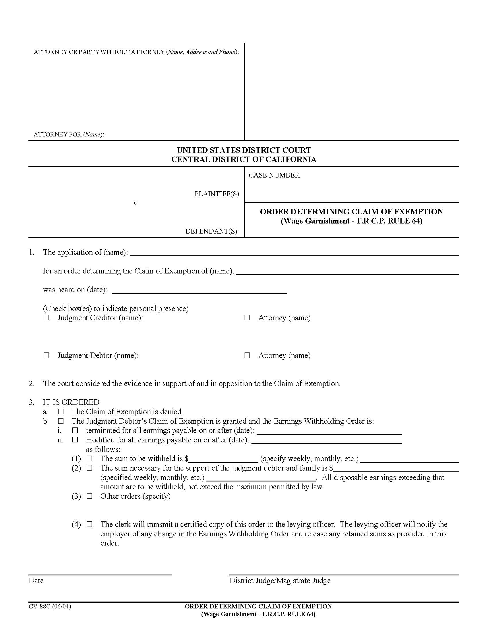 Order Determing Claim Of Exemption (Wage Garnishment-FRCP Rule 64) {CV-88C} | Pdf Fpdf Doc Docx | California