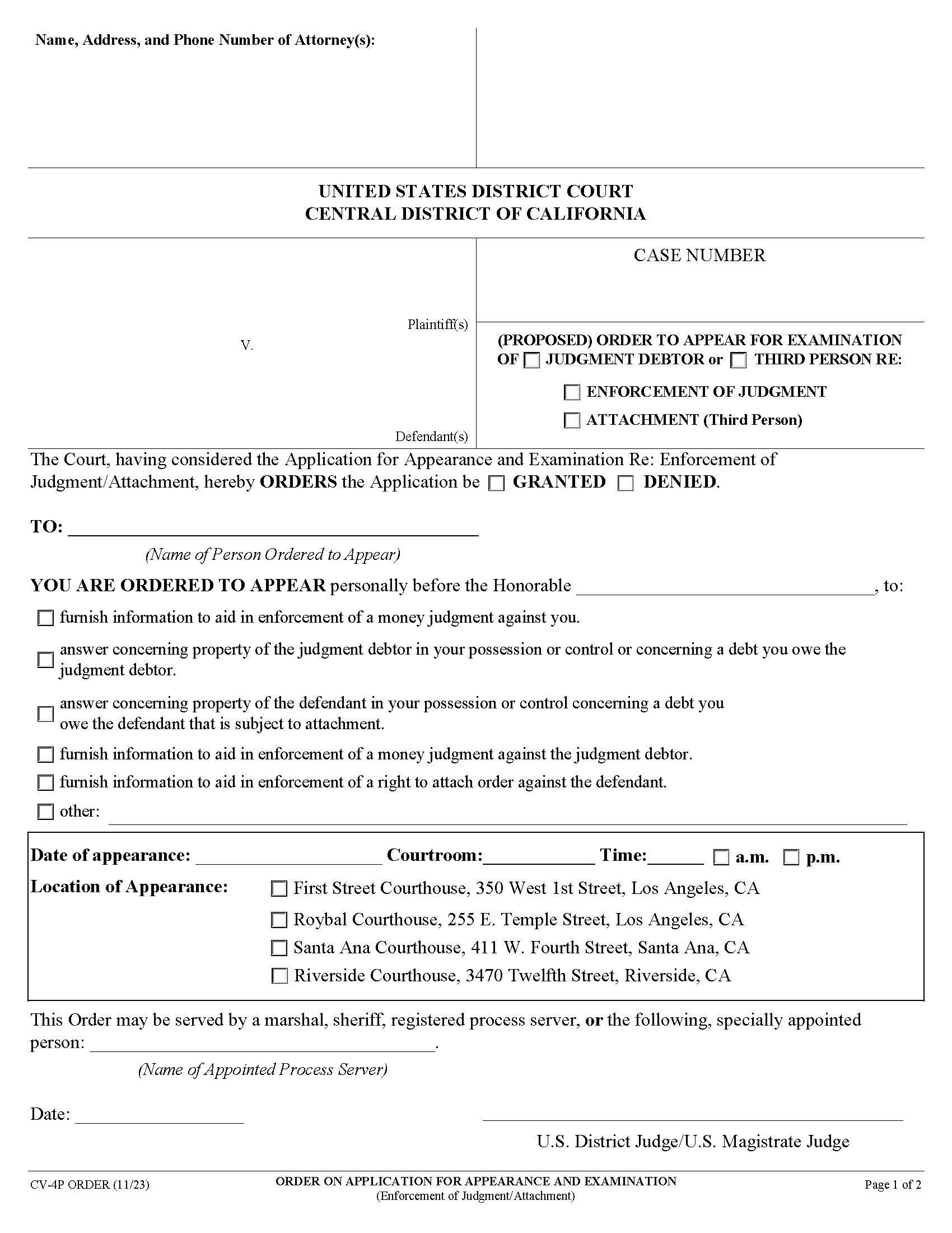 Order To Appear For Examination {CV-4P} | Pdf Fpdf Docx | California