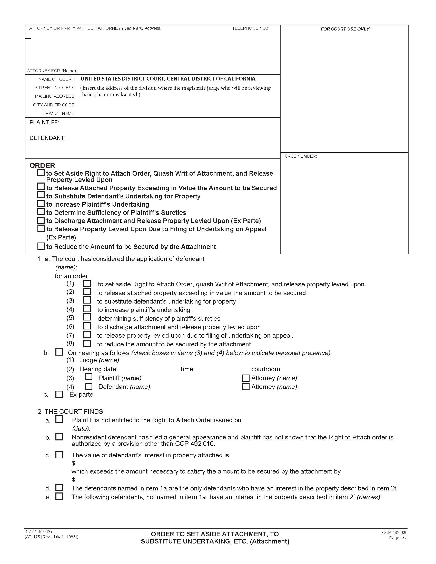 Order To Set Aside Attachment To Substitute Undertaking (Attachment) {CV-4J} | Pdf Fpdf Doc Docx | California