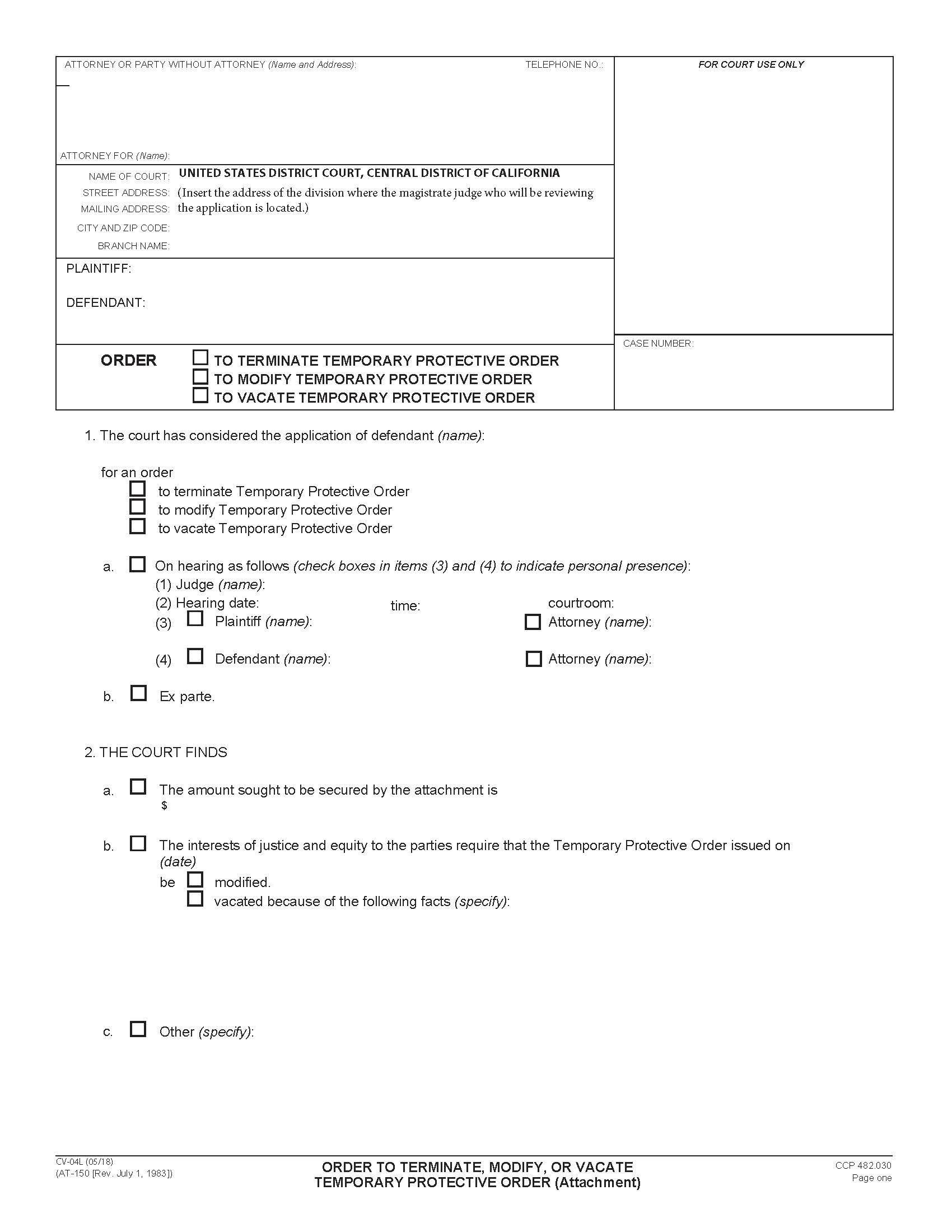Order To Terminate Modify Or Vacate Temporary Protective Order (Attachment) {CV-4L} | Pdf Fpdf Docx | California
