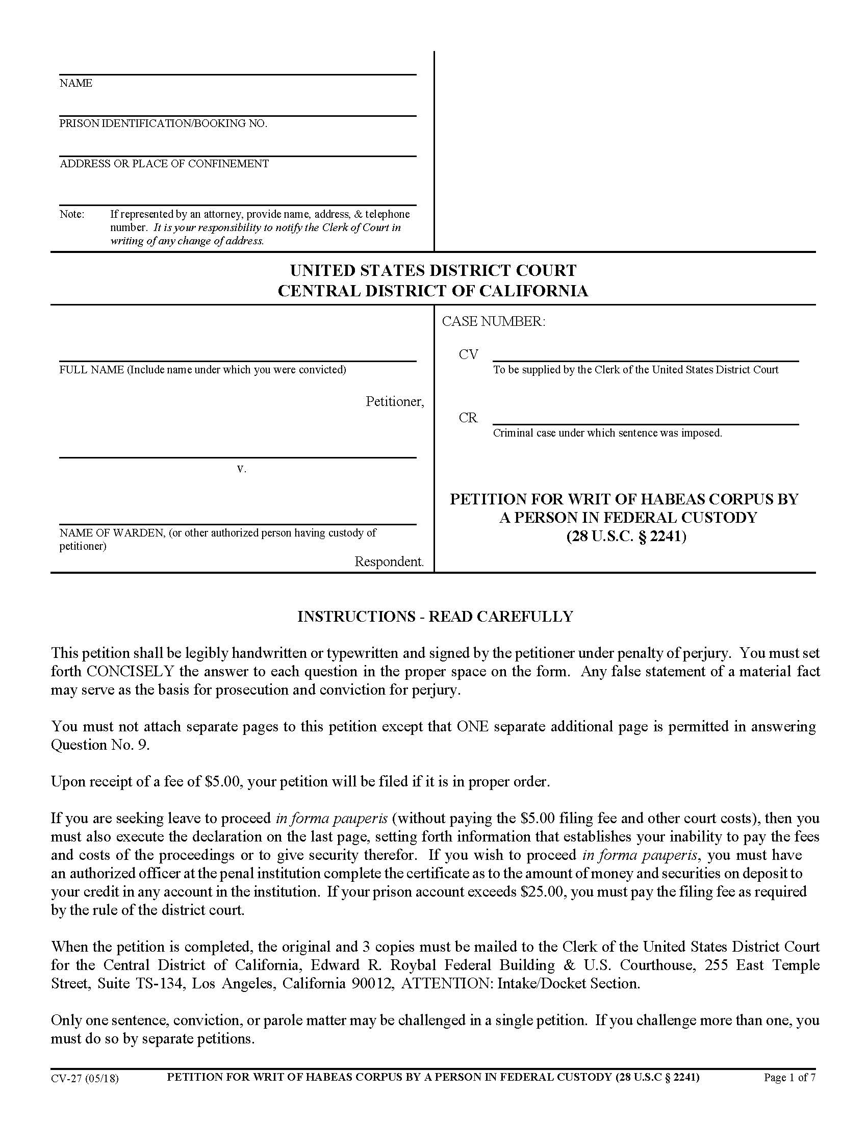 Petition For Writ Of Habeas Corpus By A Person In Federal Custody {CV-27} | Pdf Fpdf Docx | California