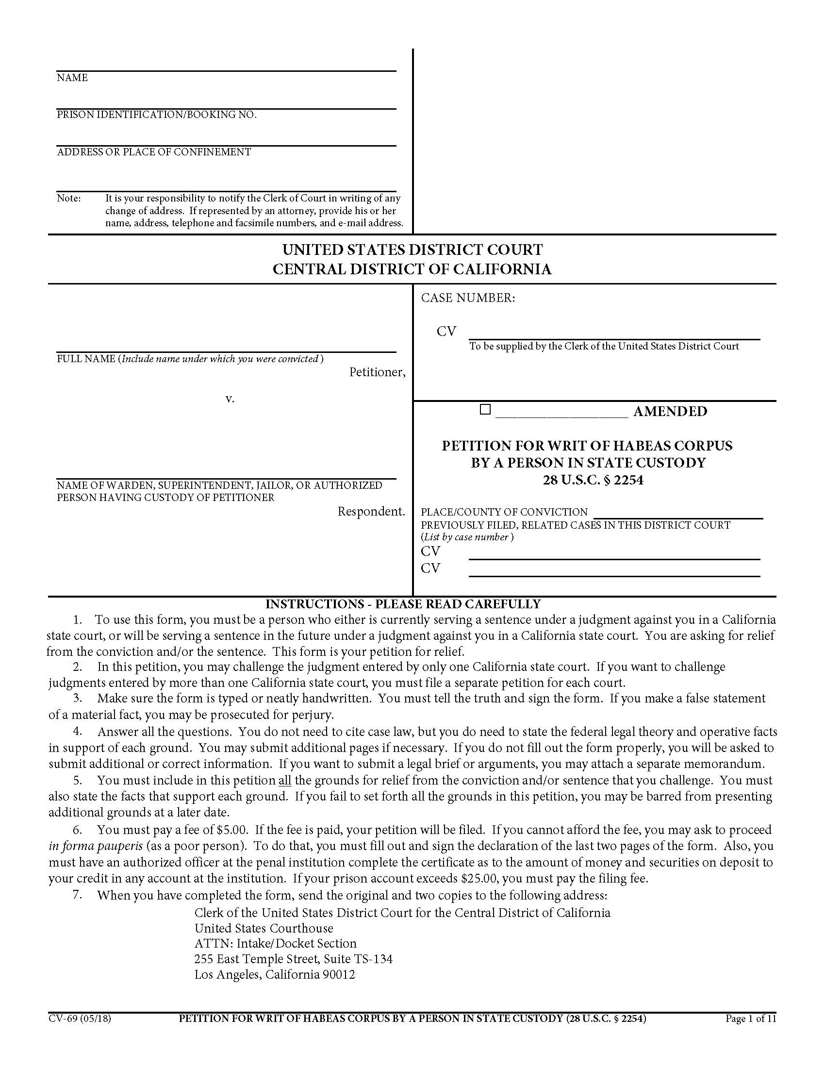 Petition For Writ Of Habeas Corpus By A Person In State Custody {CV-69} | Pdf Fpdf Docx | California