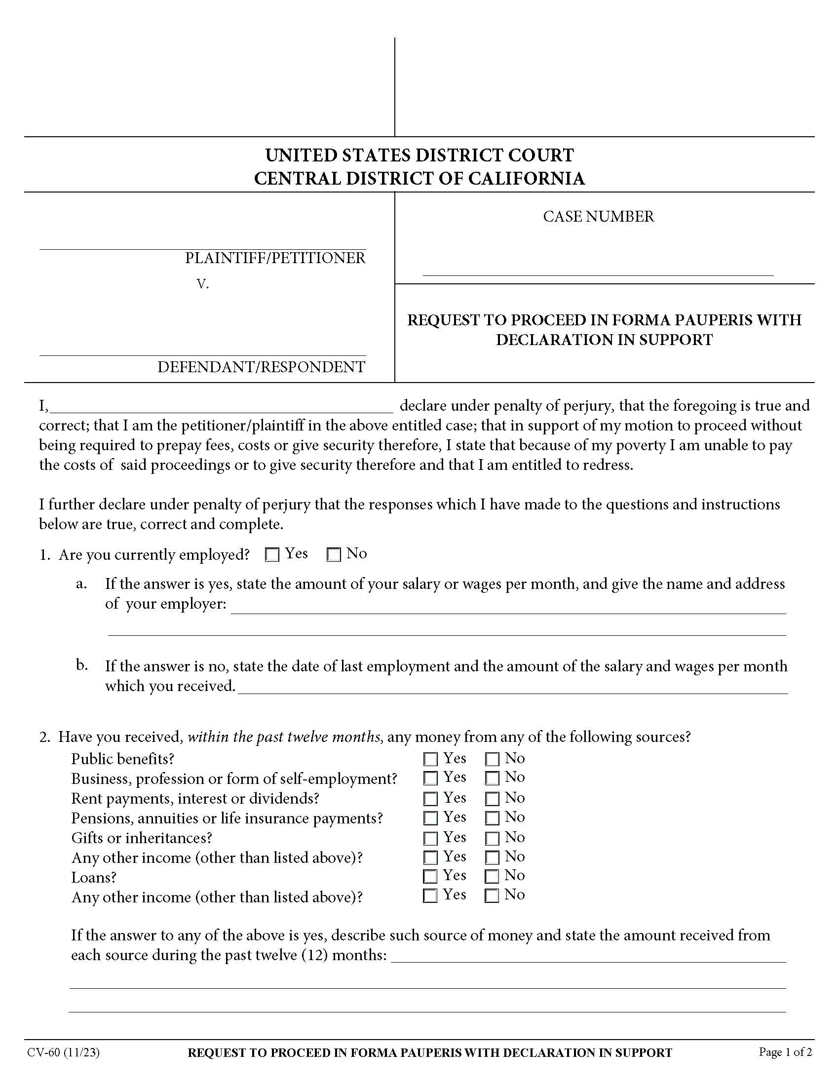 Request To Proceed In Forma Pauperis With Declaration In Support {CV-60} | Pdf Fpdf Doc Docx | California