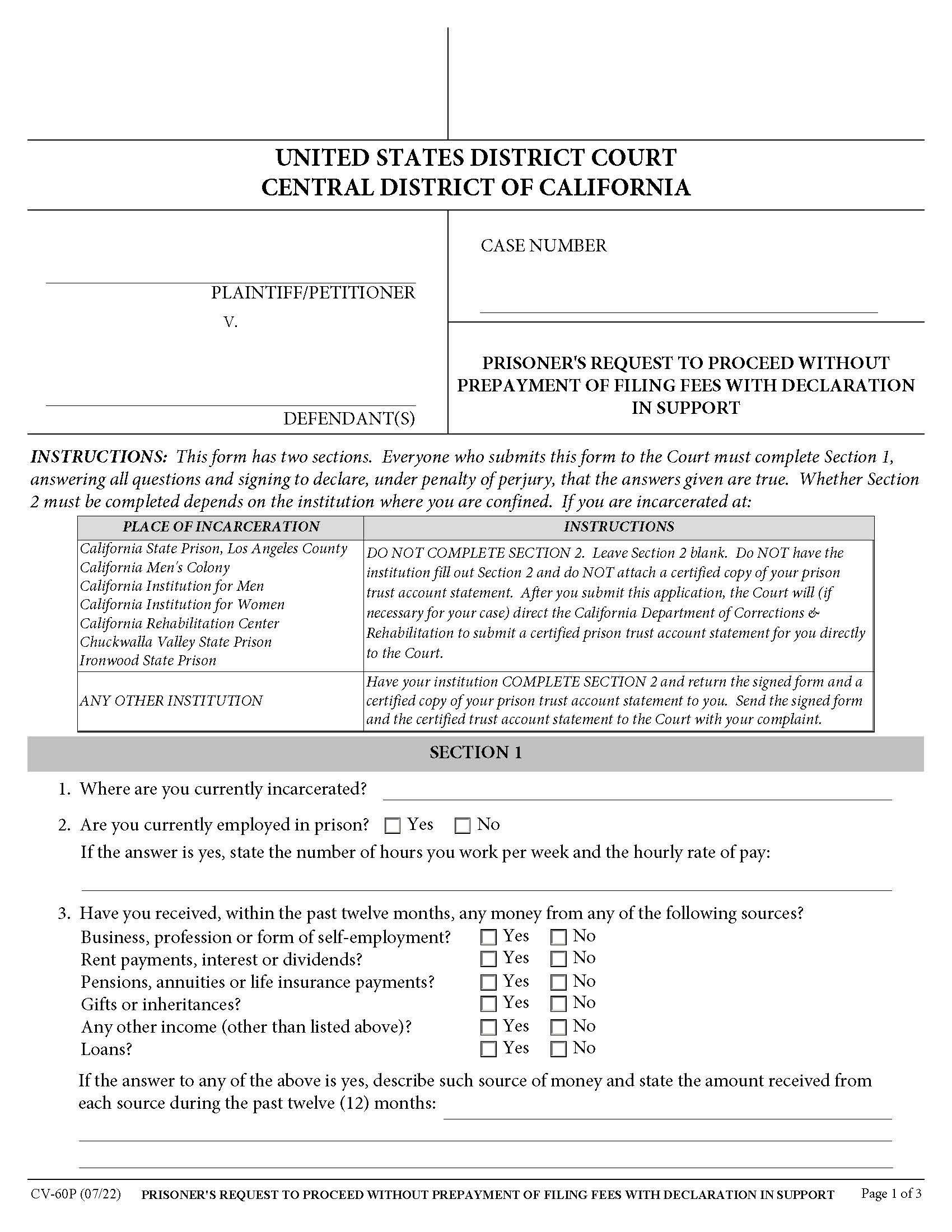Request To Proceed Without Prepayment Of Filing Fees With Declaration In Support {CV-60P} | Pdf Fpdf Doc Docx | California