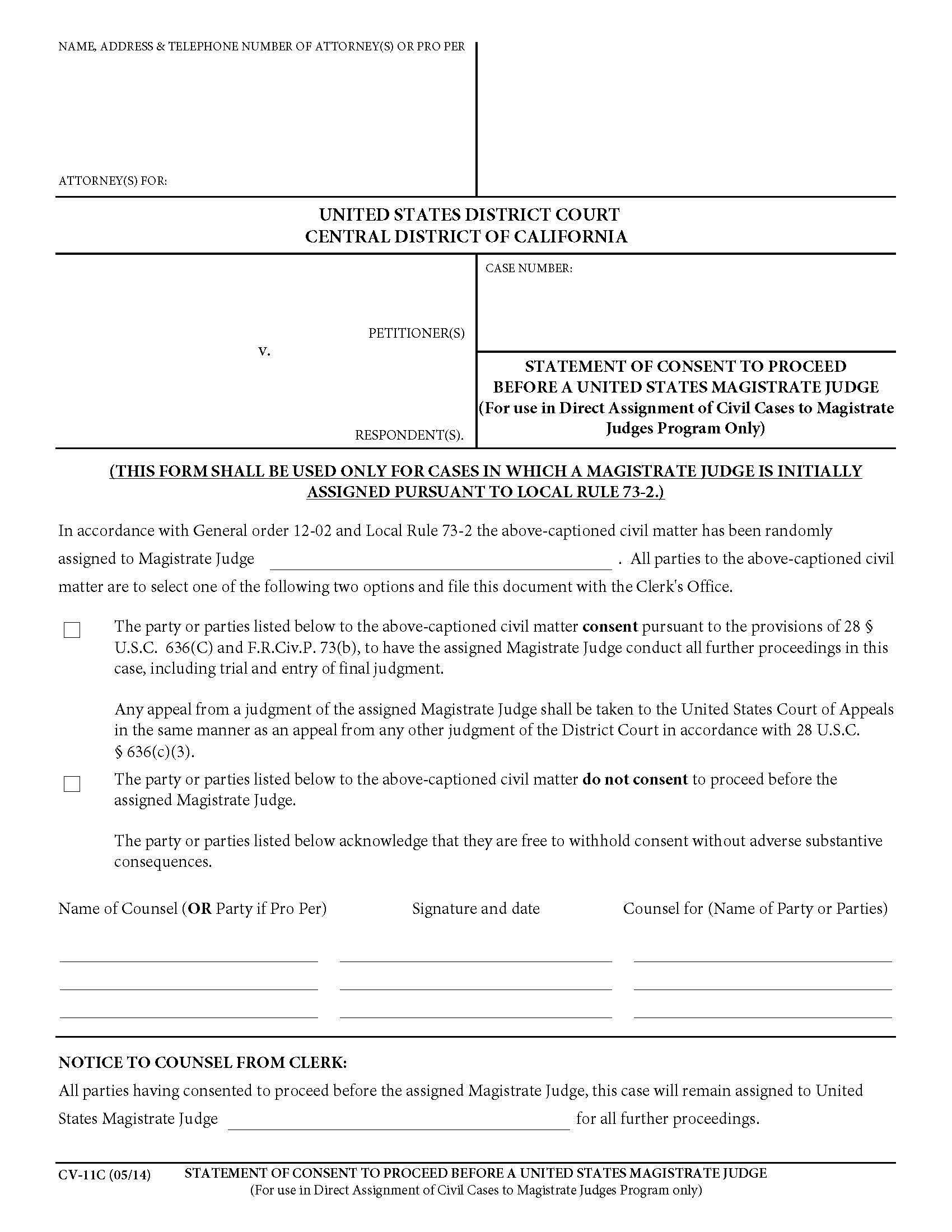 Statement Of Consent To Proceed Before A US Magistrate Judge {CV-11C} | Pdf Fpdf Doc Docx | California