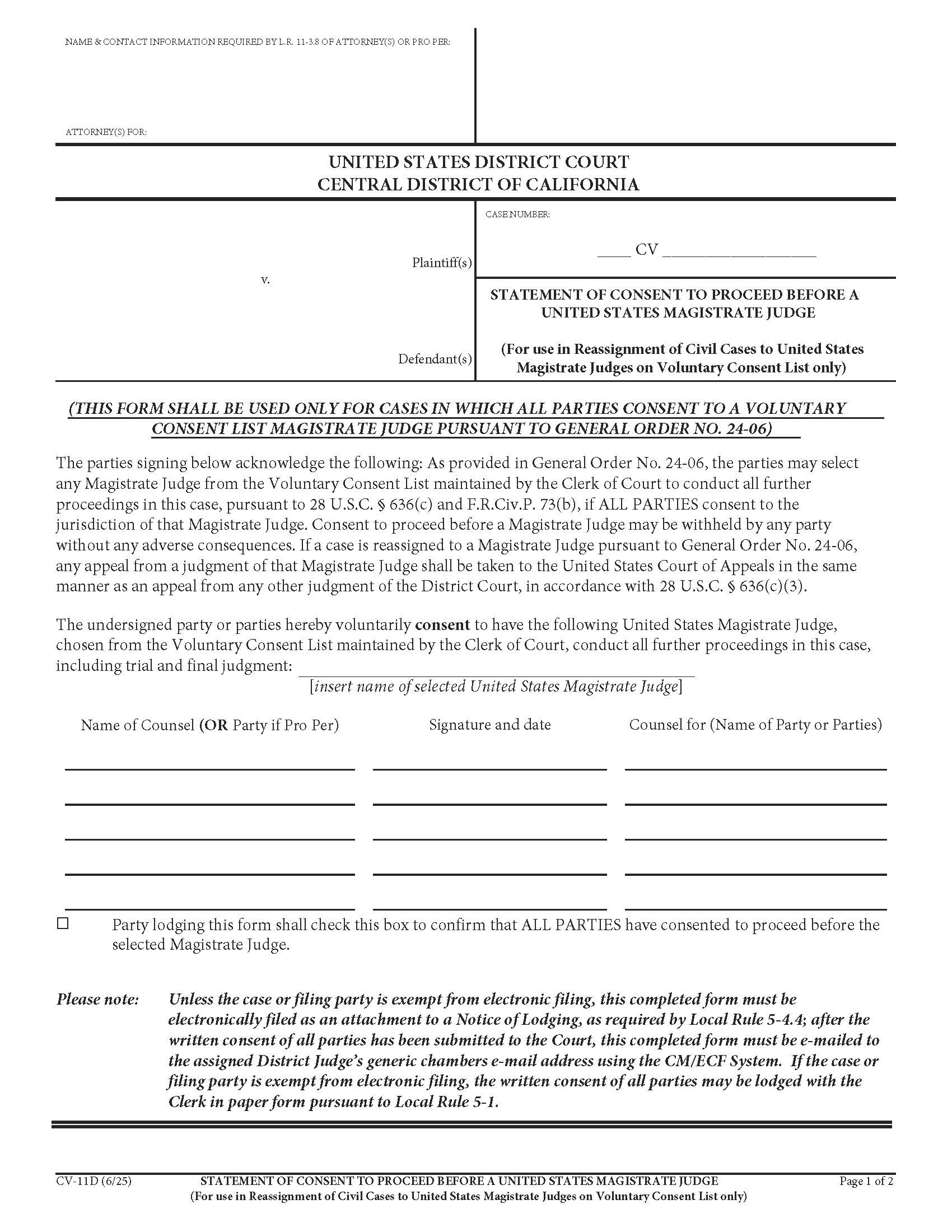 Statement Of Consent To Proceed Before A US Magistrate Judge {CV-11D} | Pdf Fpdf Docx | California