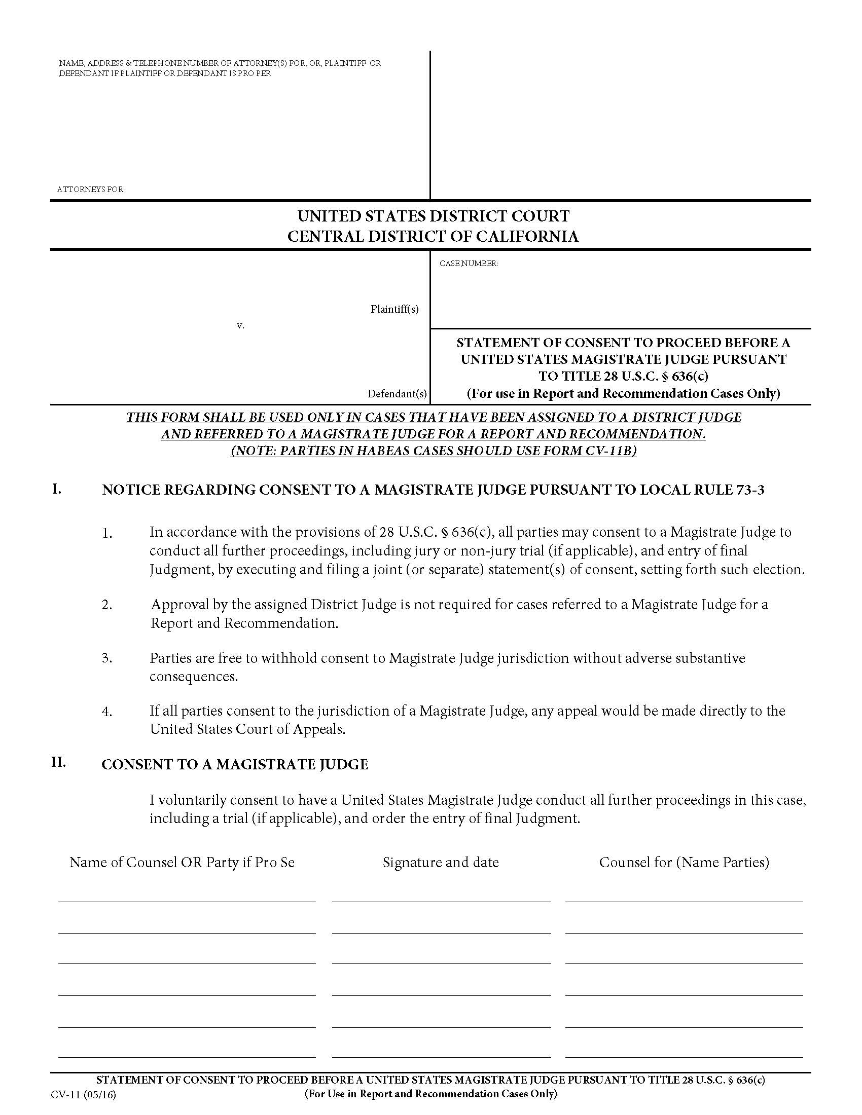 Statement Of Consent To Proceed Before A United States Magistrate Judge {CV-11} | Pdf Fpdf Doc Docx | California