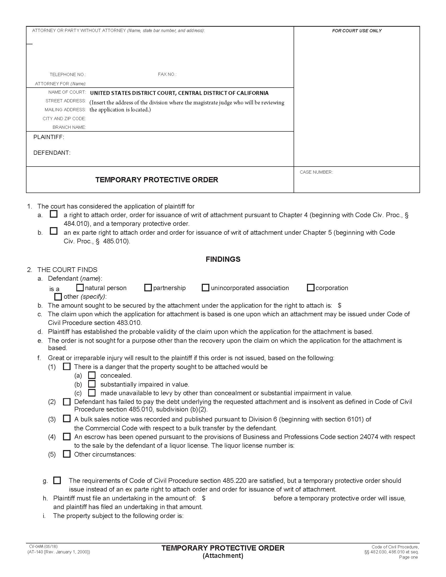 Temporary Protective Order (Attachment) {CV-4M} | Pdf Fpdf Doc Docx | California