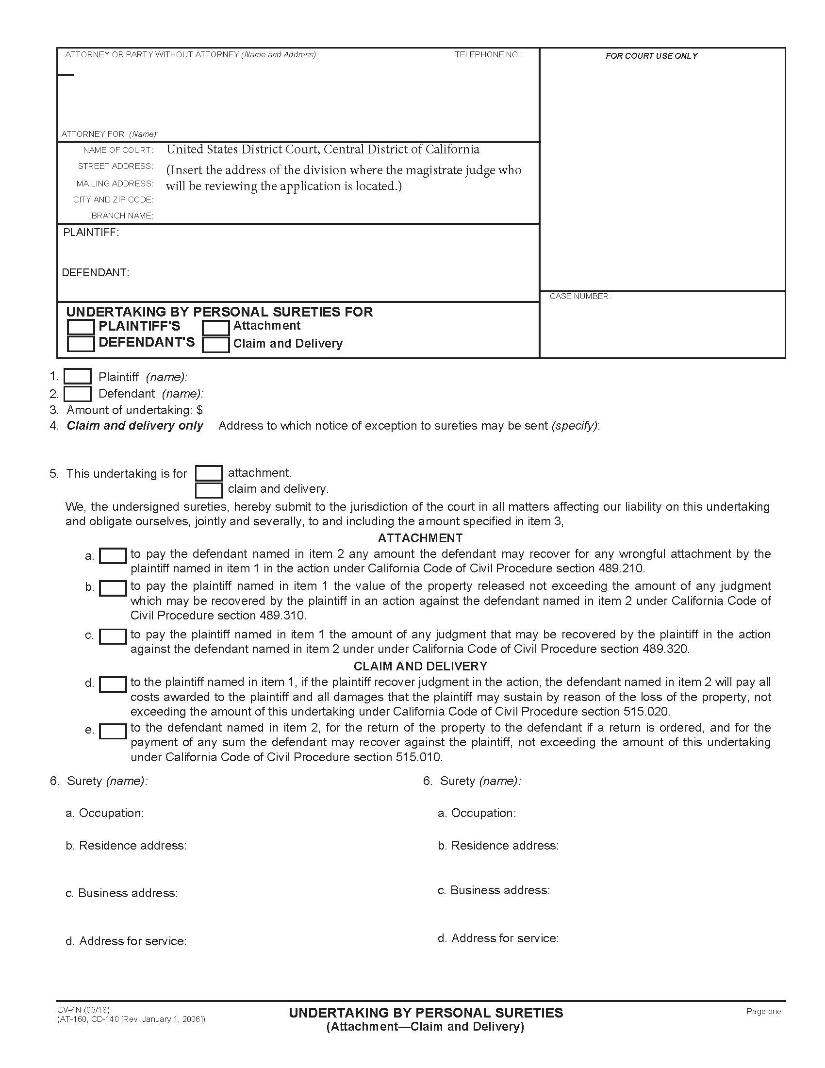 Undertaking By Personal Sureties (Attachment-Claim And Delivery) {CV-4N} | Pdf Fpdf Docx | California