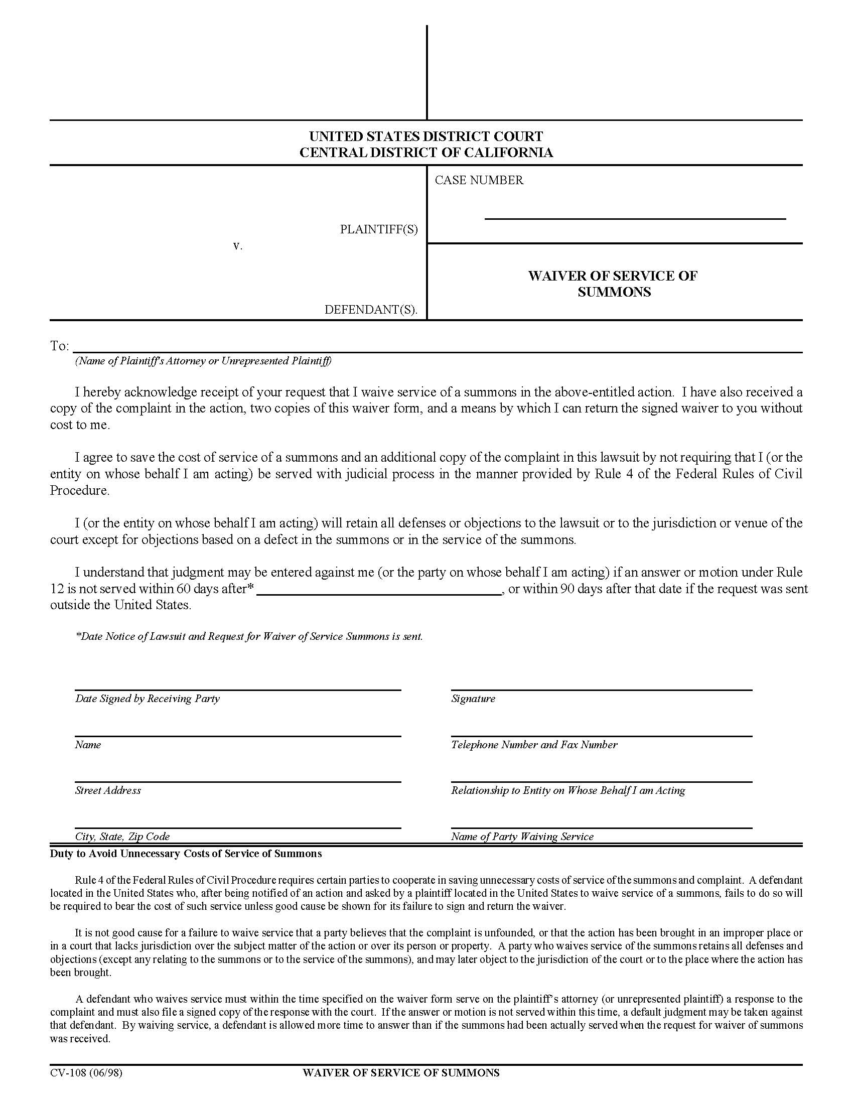 Waiver Of Service Of Summons {CV-108} | Pdf Fpdf Docx | California