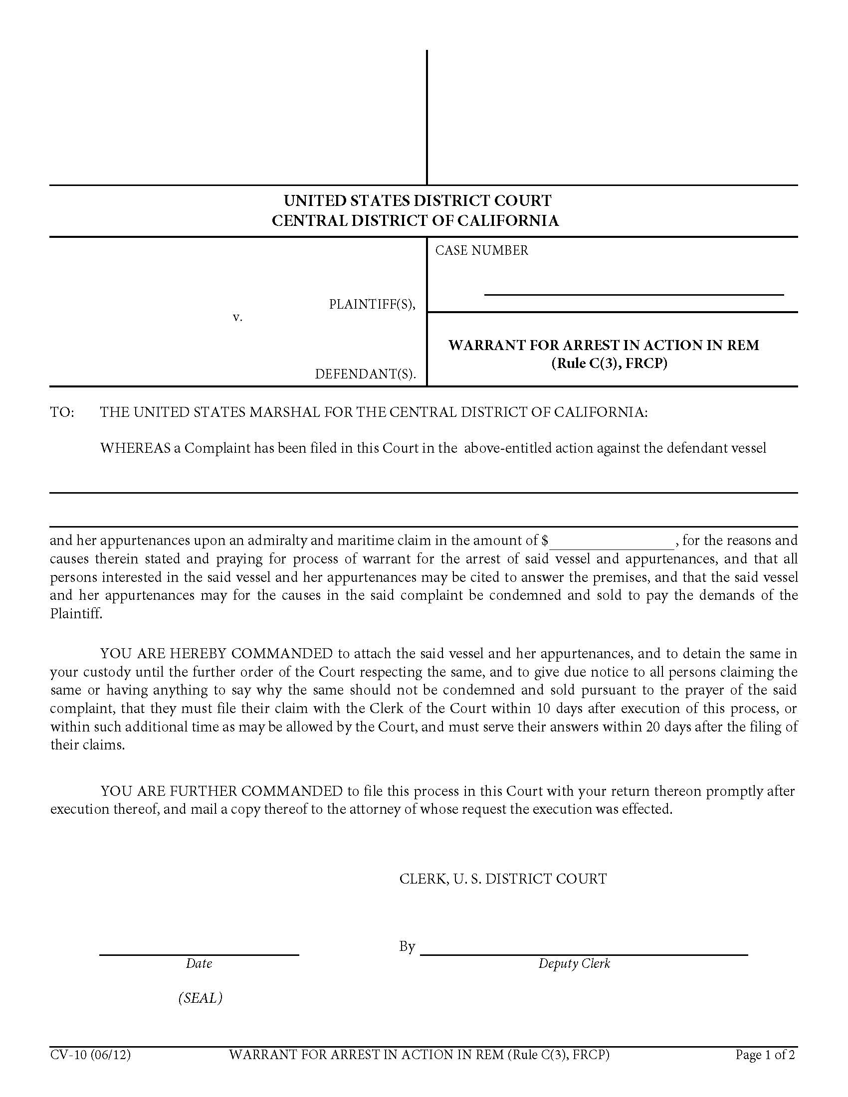 Warrant For Arrest In Action In REM {CV-10} | Pdf Fpdf Doc Docx | California