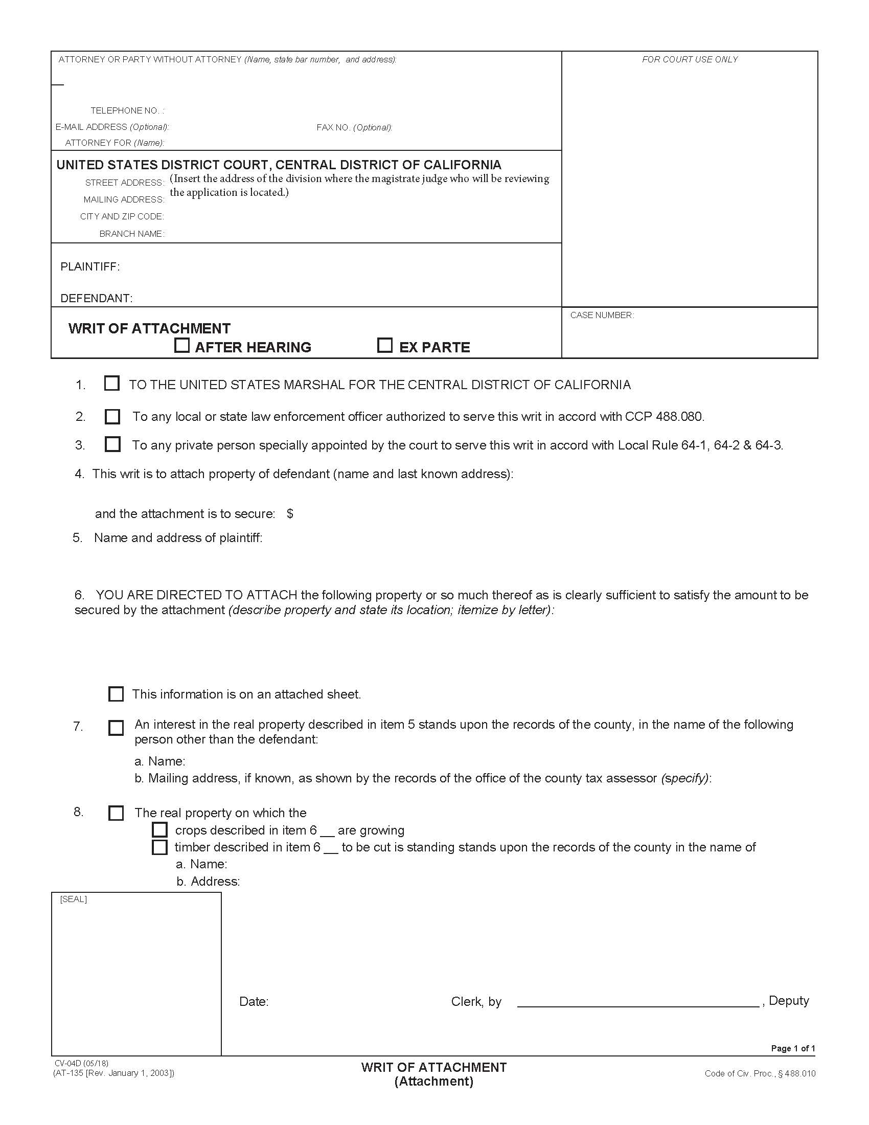 Writ Of Attachment (Attachment) {CV-4D} | Pdf Fpdf Doc Docx | California