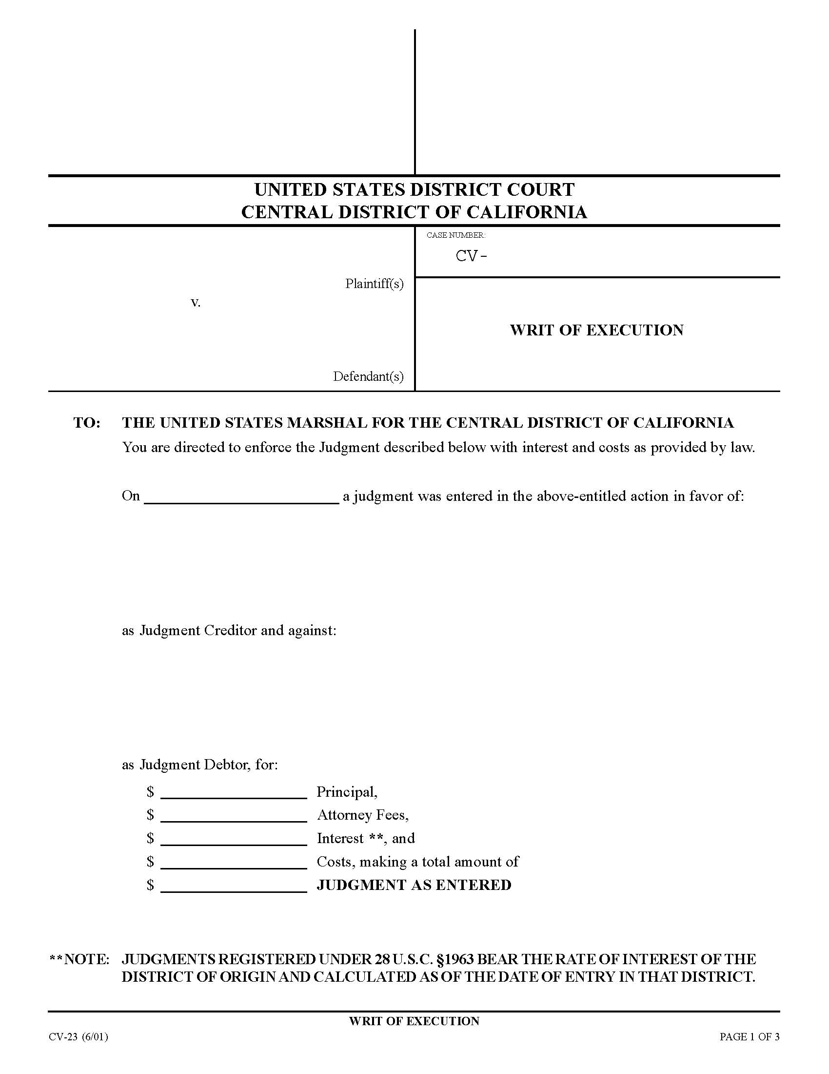Writ Of Execution {CV-23} | Pdf Fpdf Doc Docx | California