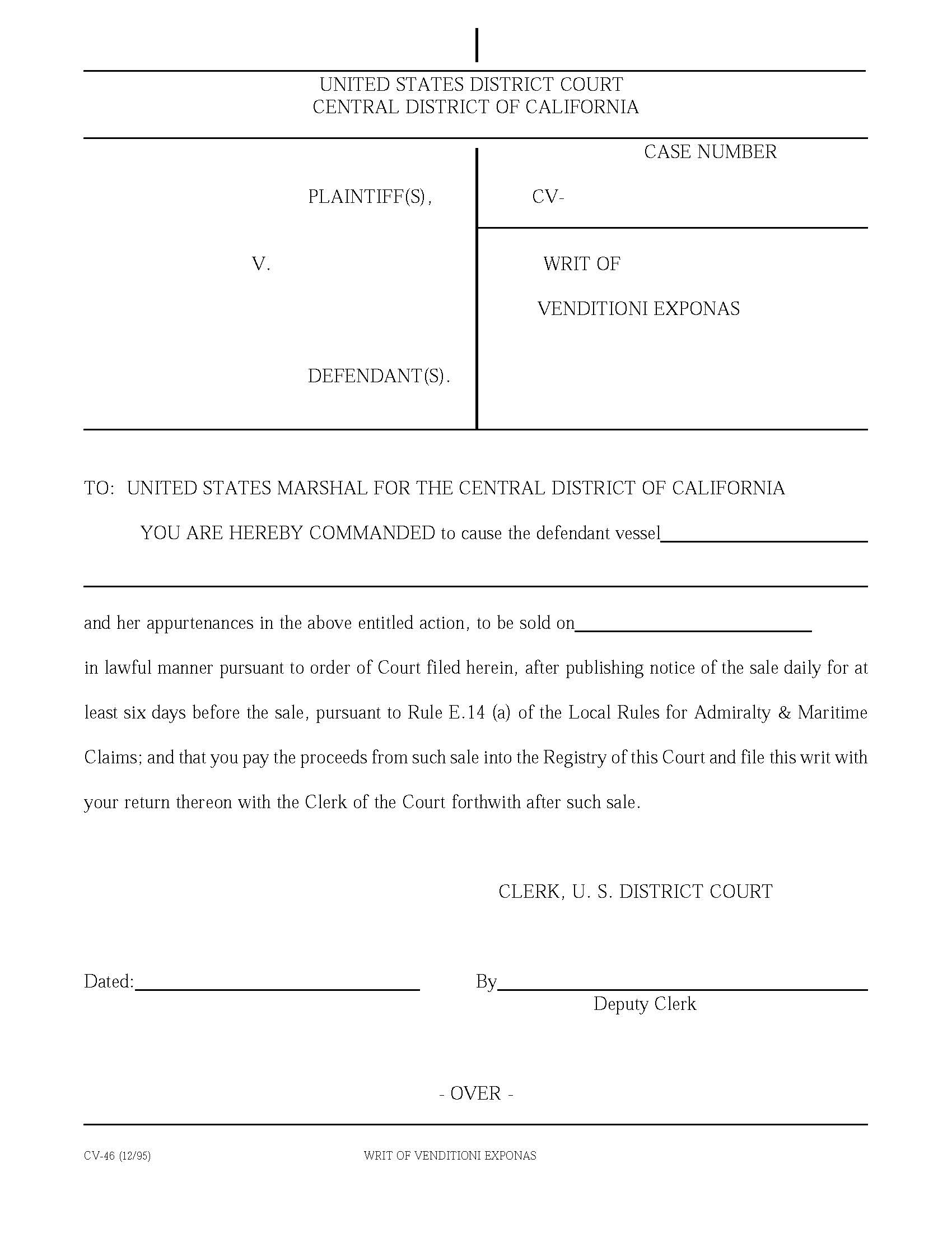 Writ Of Venditioni Exponas {CV-46} | Pdf Fpdf Doc Docx | California