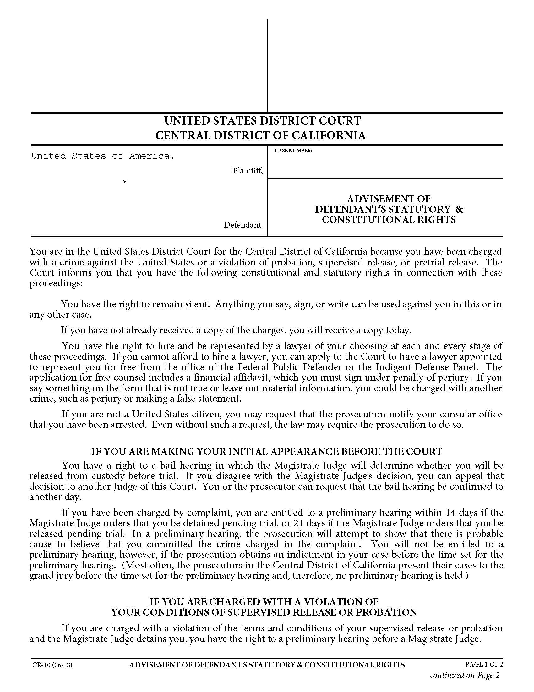 Advisement Of Constitutional And Statutory Rights (Initial Appearance) {CR-10} | Pdf Fpdf Docx | California