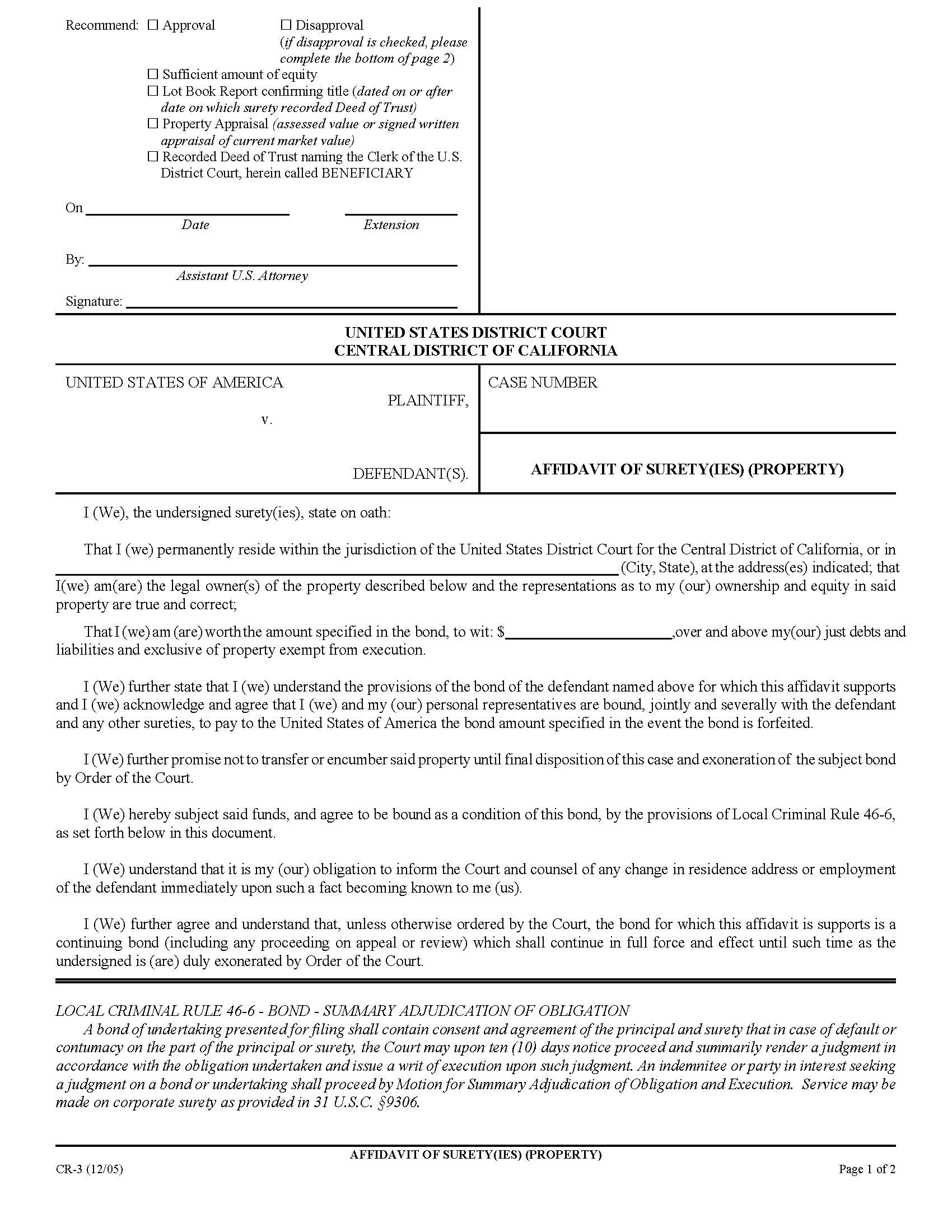Affidavit Of Sureties (Property) {CR-3} | Pdf Fpdf Doc Docx | California