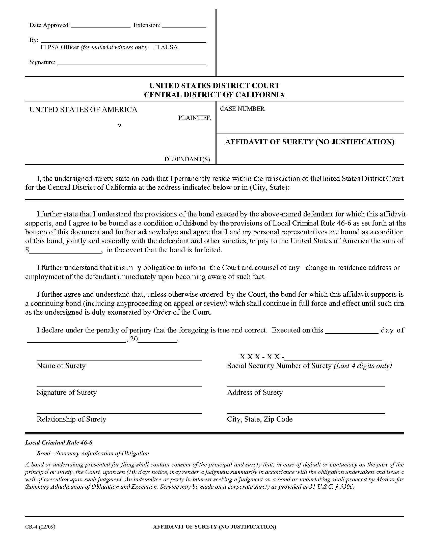 Affidavit Of Surety (No Justification) {CR-4} | Pdf Fpdf Doc Docx | California