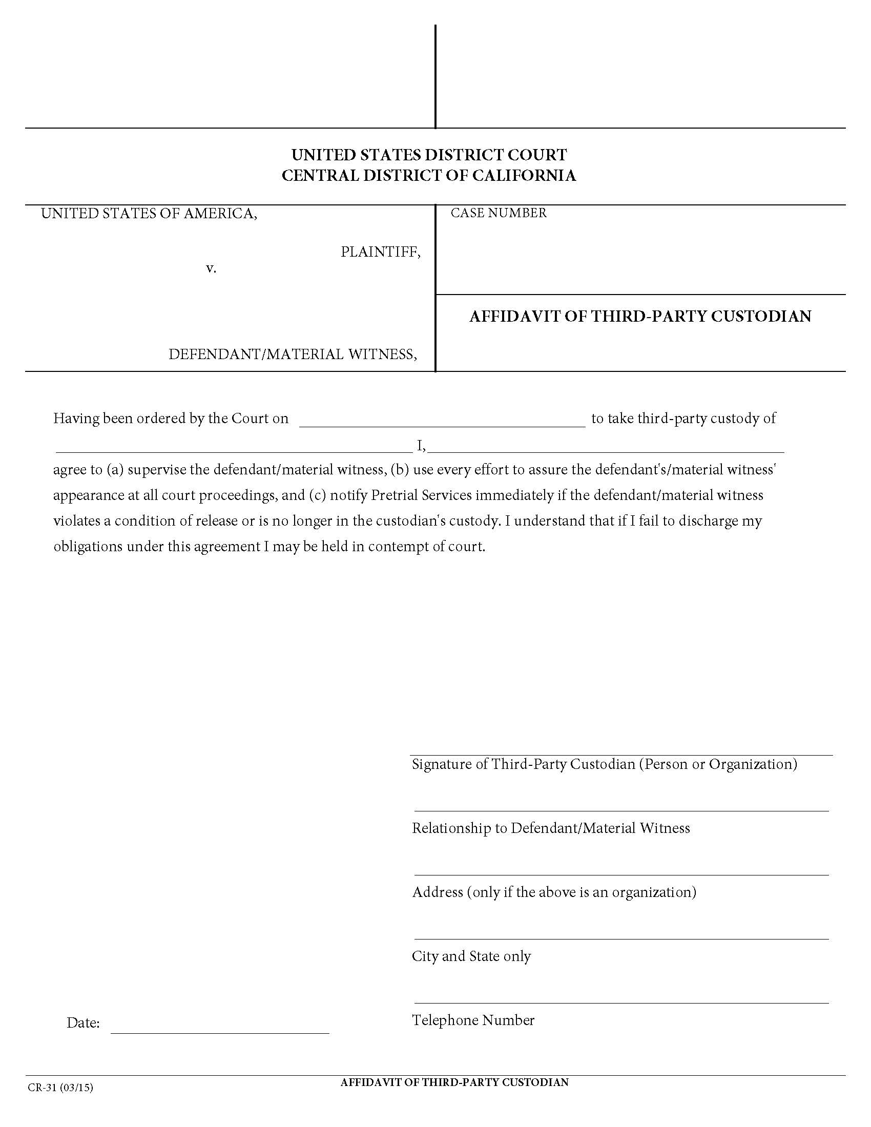 Affidavit Of Third-Party Custodian {CR-31} | Pdf Fpdf Doc Docx | California