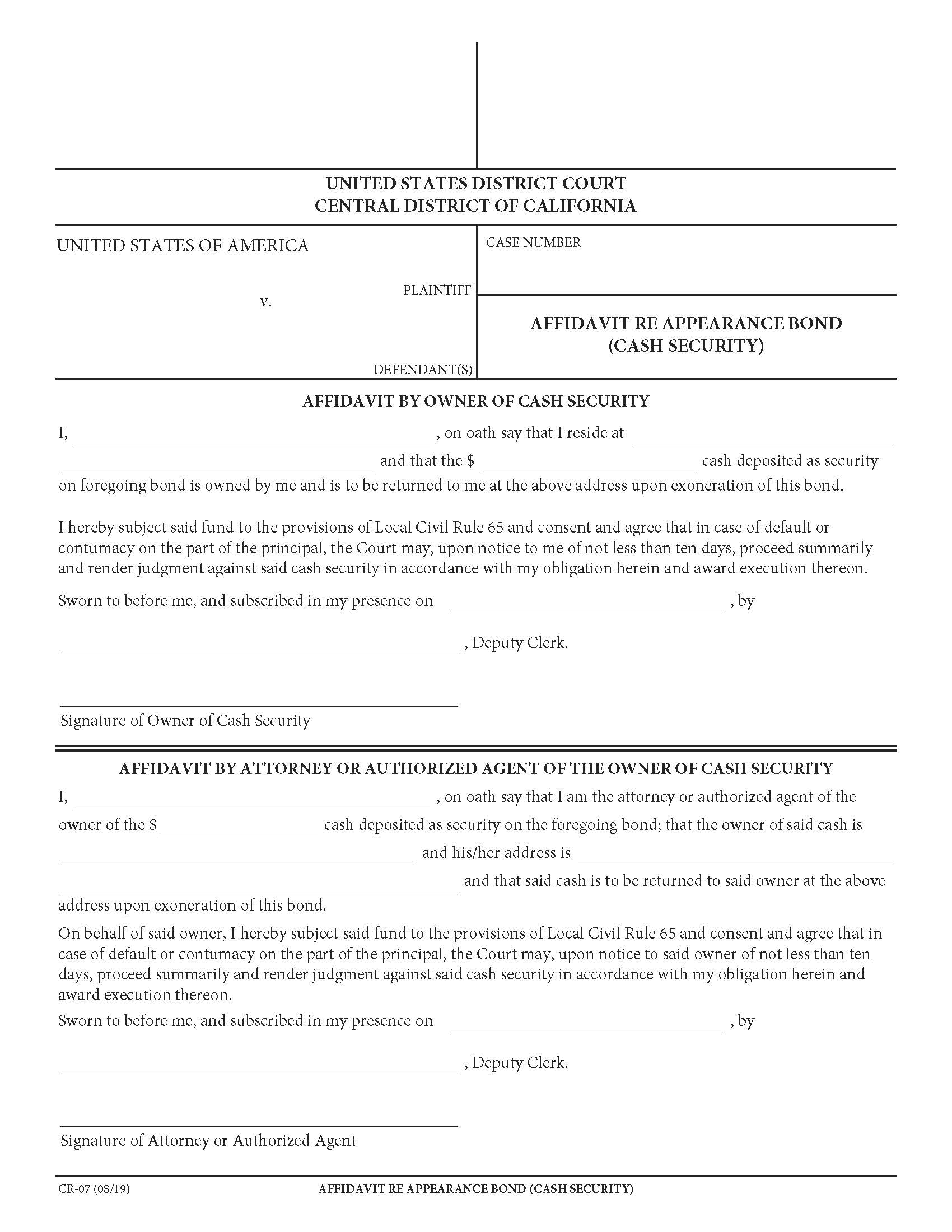 Affidavit Re Appearance Bond (Cash Security) {CR-7} | Pdf Fpdf Doc Docx | California