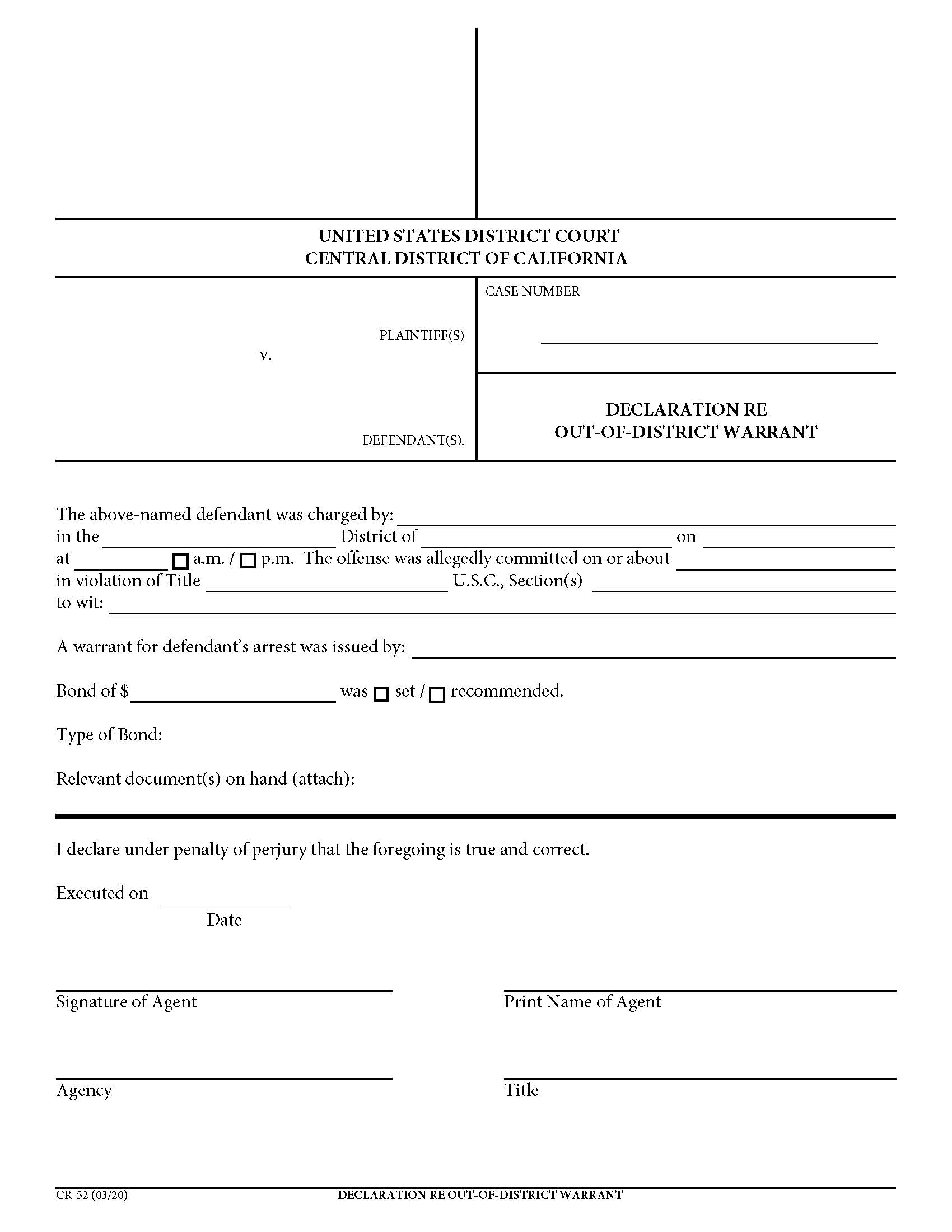 Affidavit Re Out-Of-District Warrant {CR-52} | Pdf Fpdf Doc Docx | California