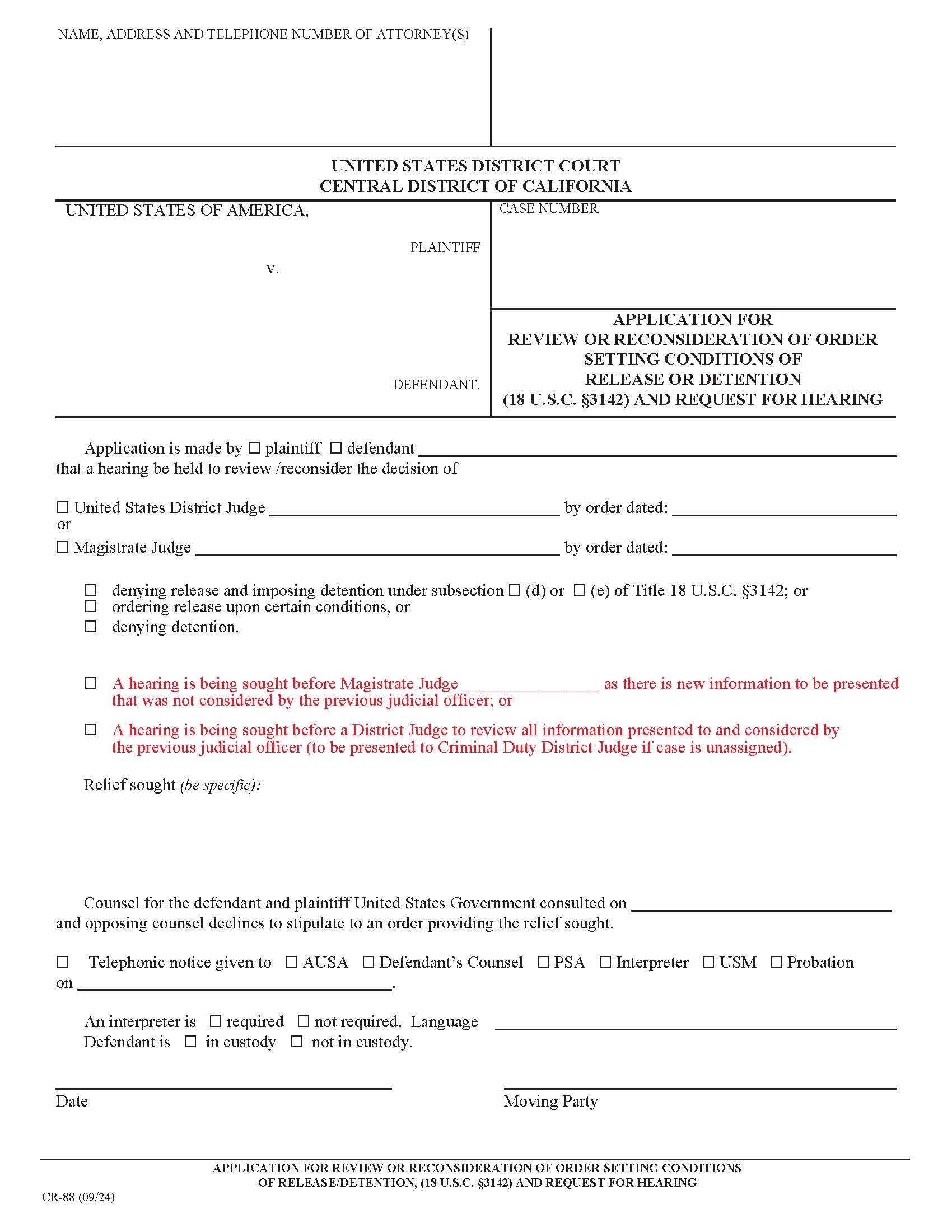 Application For Review-Reconsideration Of Order Setting Conditions Of Release-Detention Pending Trial (18 USC 3142) {CR-88} | Pdf Fpdf Doc Docx | California