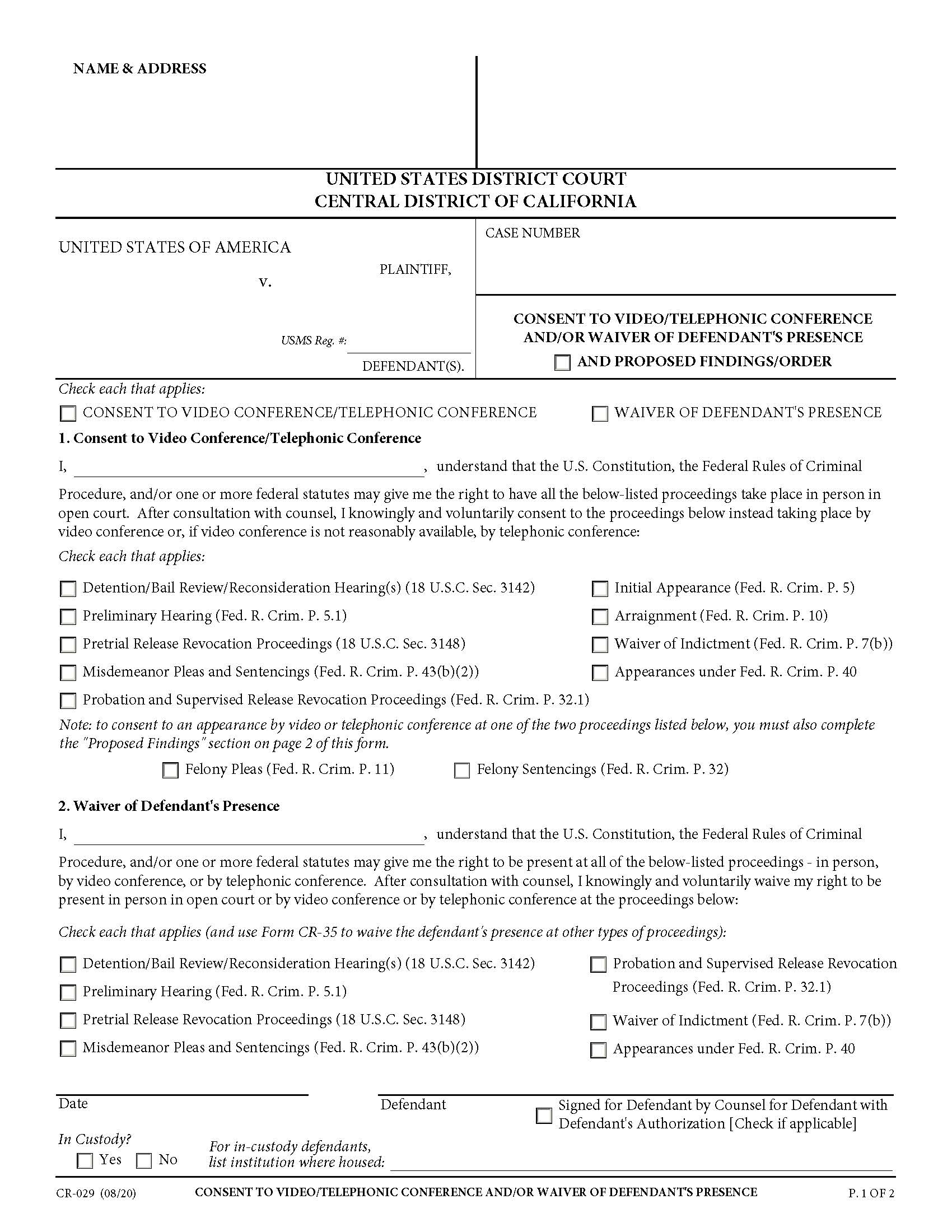 Consent To Video Conference-Telephonic Conference And-Or Waiver Of Defendants Presence {CR-029} | Pdf Fpdf Docx | California
