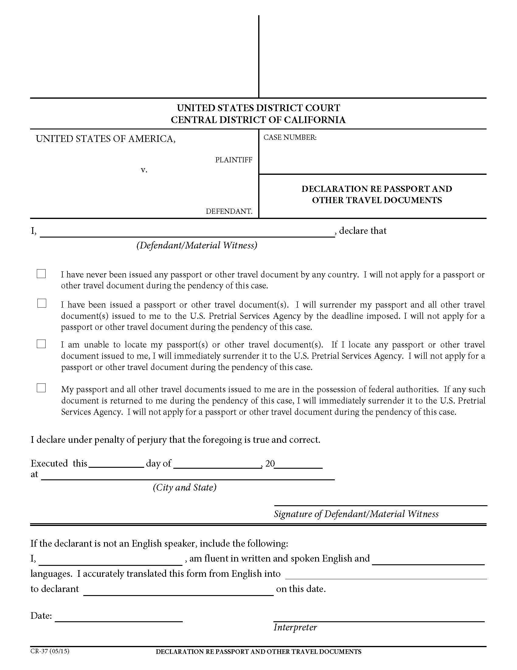 Declaration Re Passport {CR-37} | Pdf Fpdf Doc Docx | California