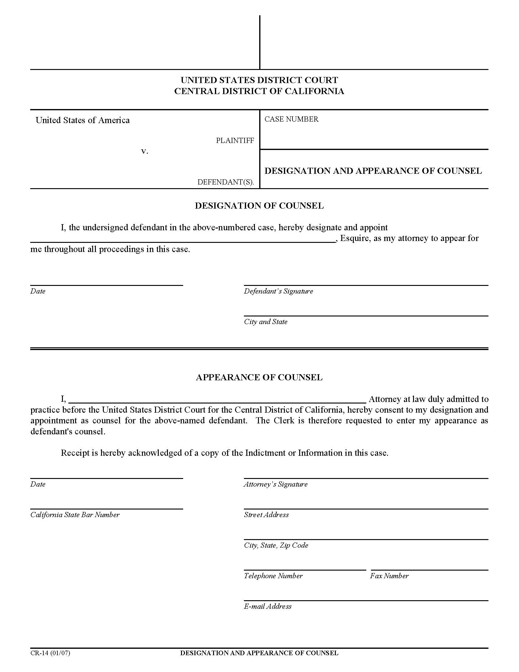 Designation And Appearance Of Counsel {CR-14} | Pdf Fpdf Doc Docx | California
