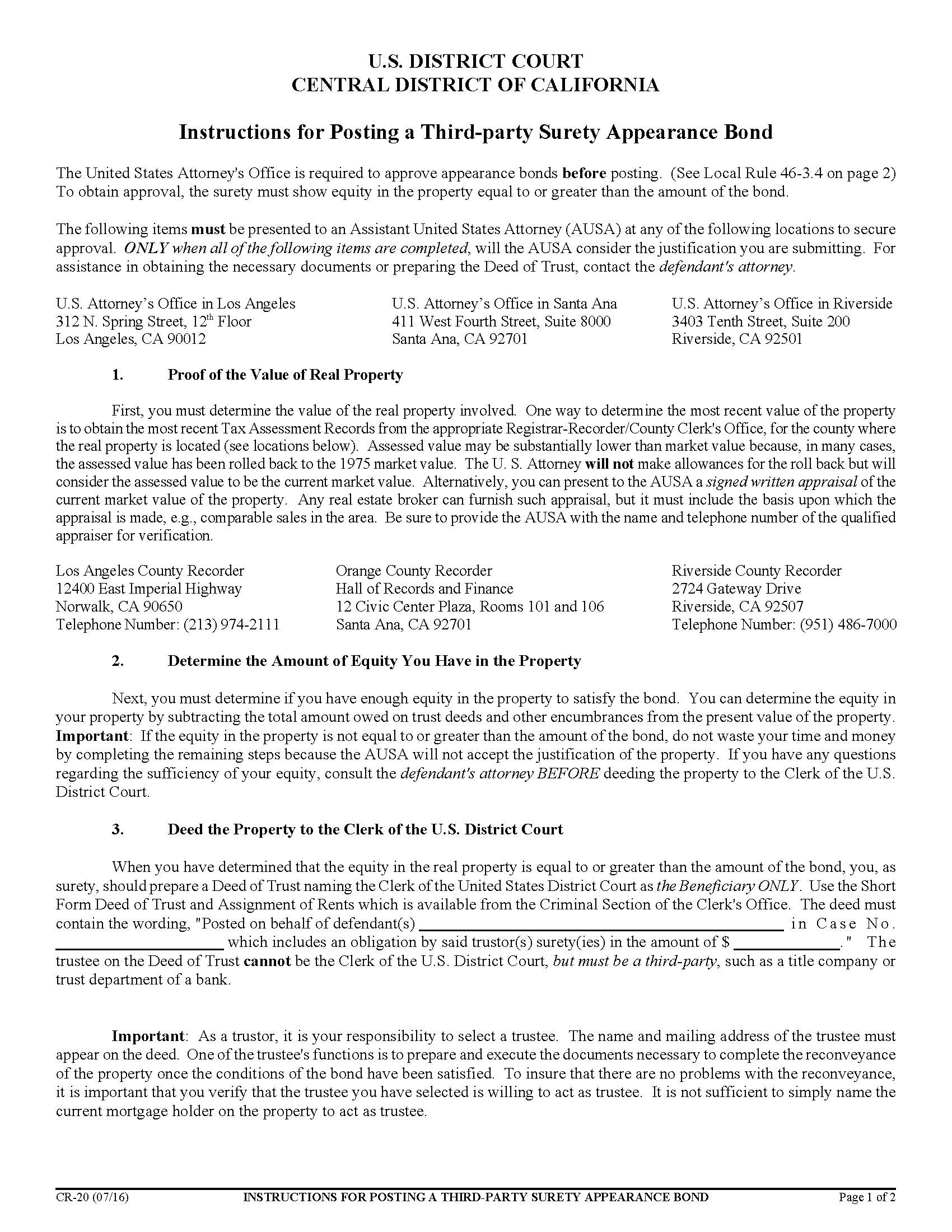 Instructions For Posting A Third Party Surety Appearance Bond {CR-20} | Pdf Fpdf Doc Docx | California