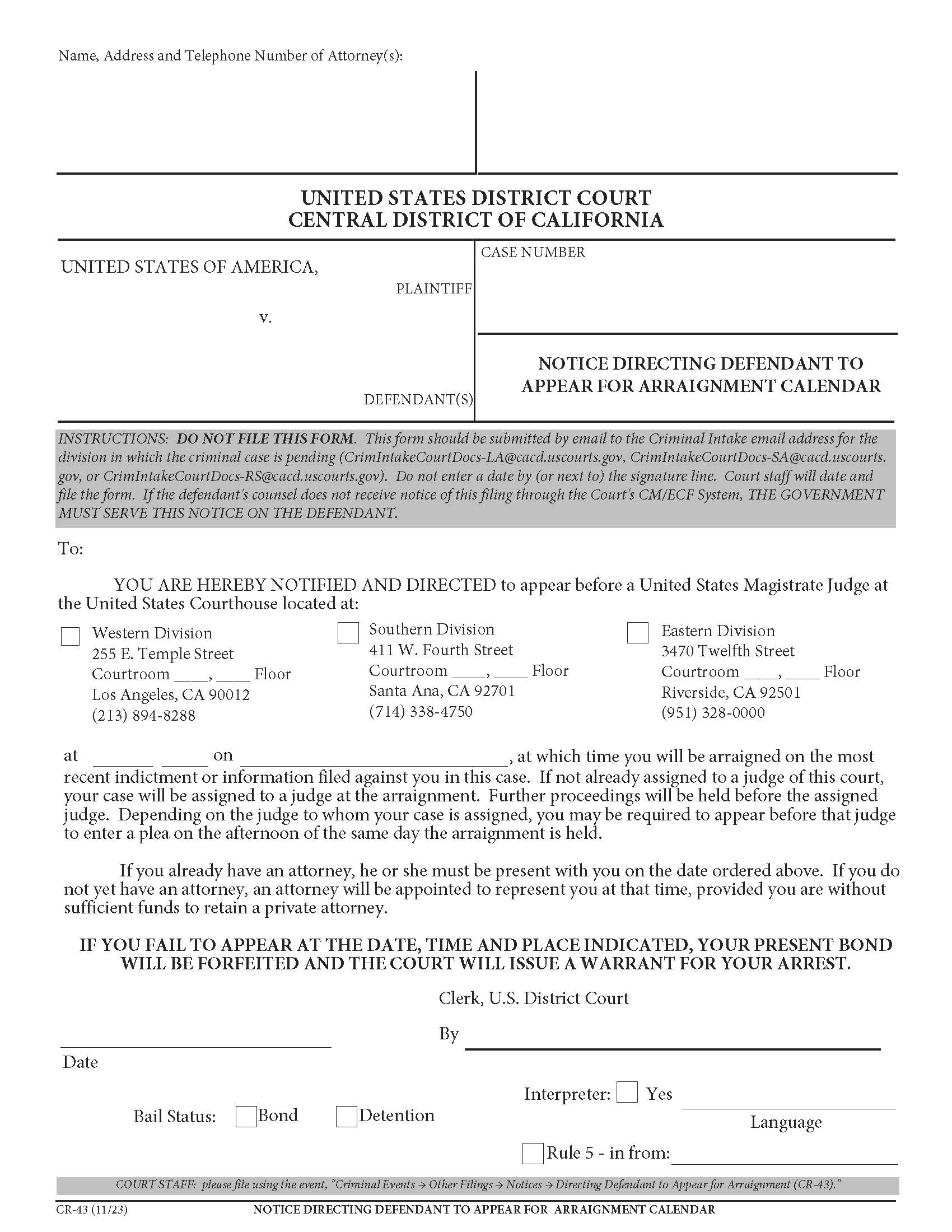 Notice Directing Defendant To Appear For Arraignment Calendar {CR-43} | Pdf Fpdf Doc Docx | California