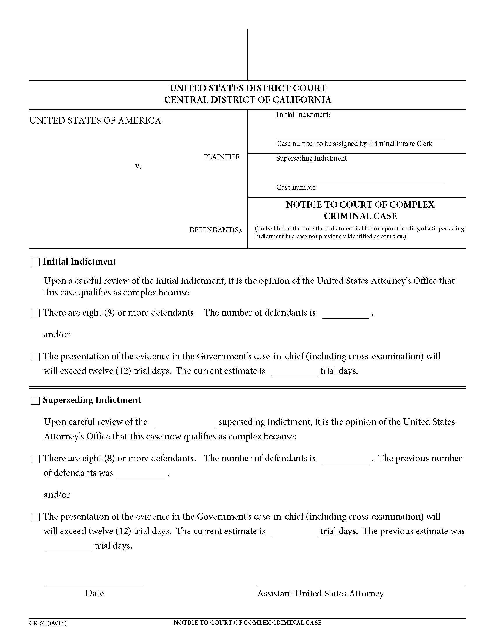Notice To Court Of Complex Criminal Case {CR-63} | Pdf Fpdf Doc Docx | California