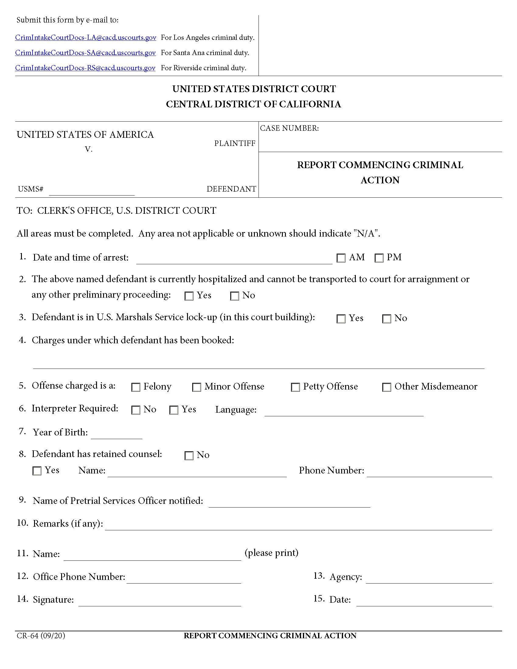 Report Commencing Criminal Action {CR-64} | Pdf Fpdf Docx | California