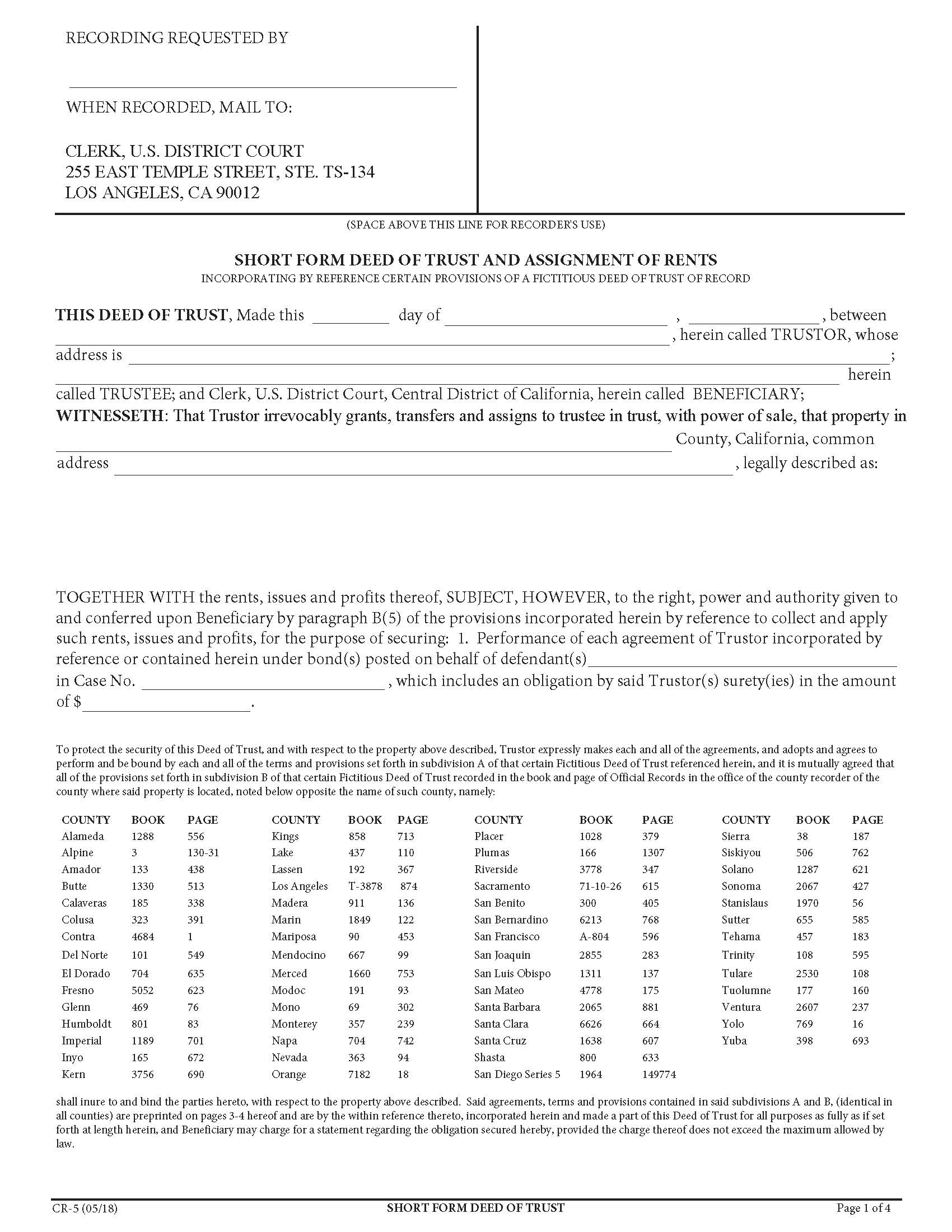 Short Form Deed Of Trust And Assignment Rents {CR-5} | Pdf Fpdf Docx | California