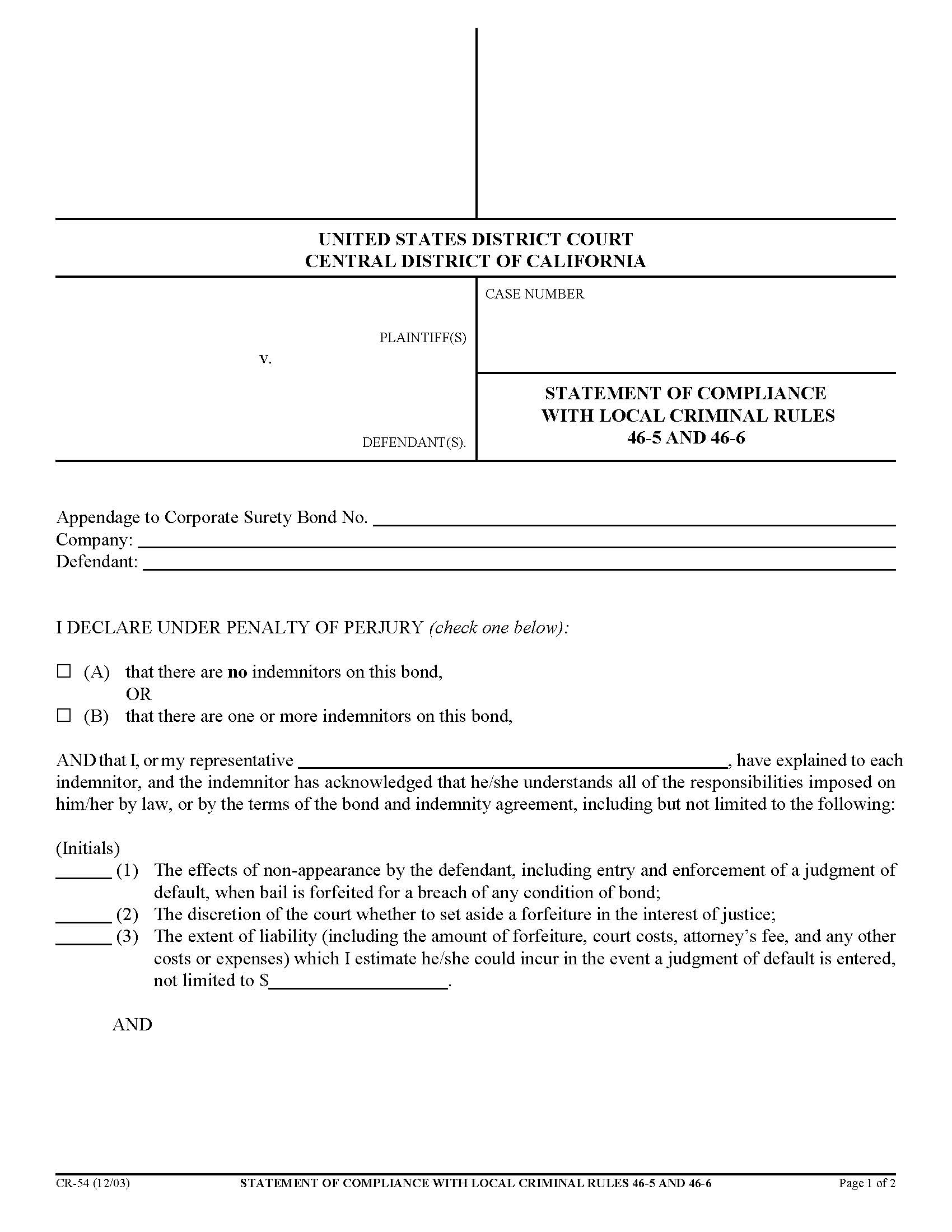 Statement Of Compliance With Local Rules 46-5 And 46-6 {CR-54} | Pdf Fpdf Doc Docx | California