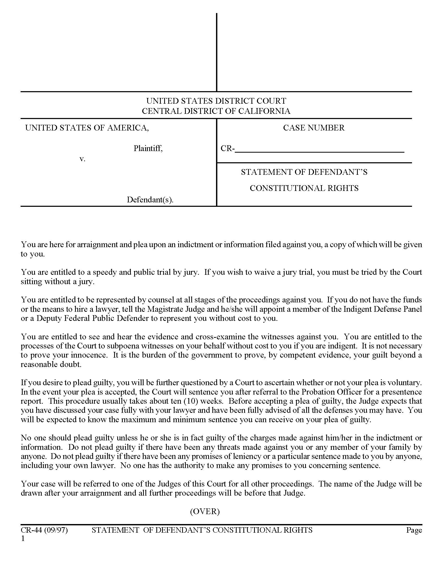 Statement Of Defendants Constitutional Rights {CR-44} | Pdf Fpdf Doc Docx | California
