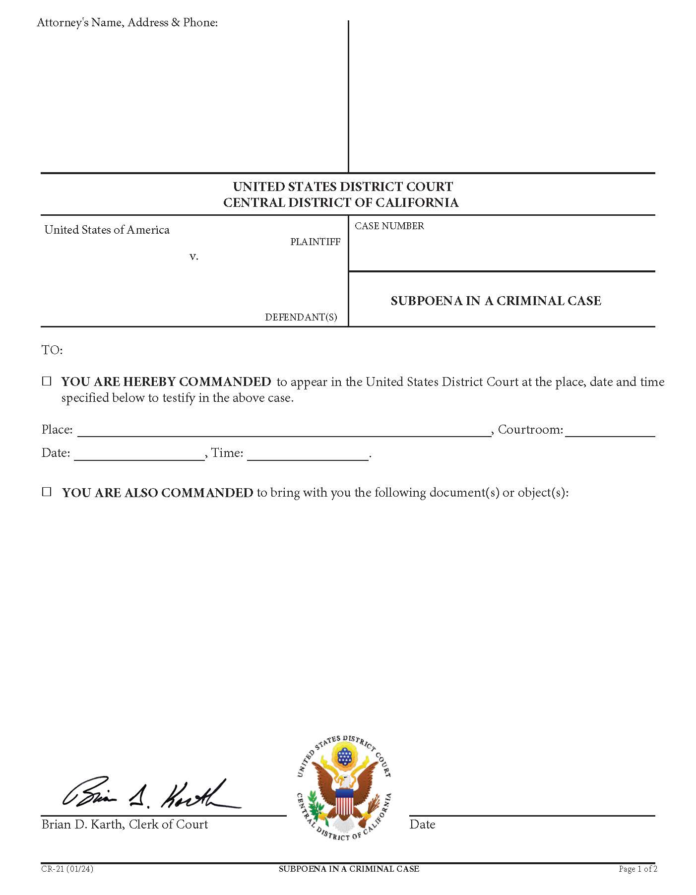 Subpoena In A Criminal Case {CR-21} | Pdf Fpdf Doc Docx | California