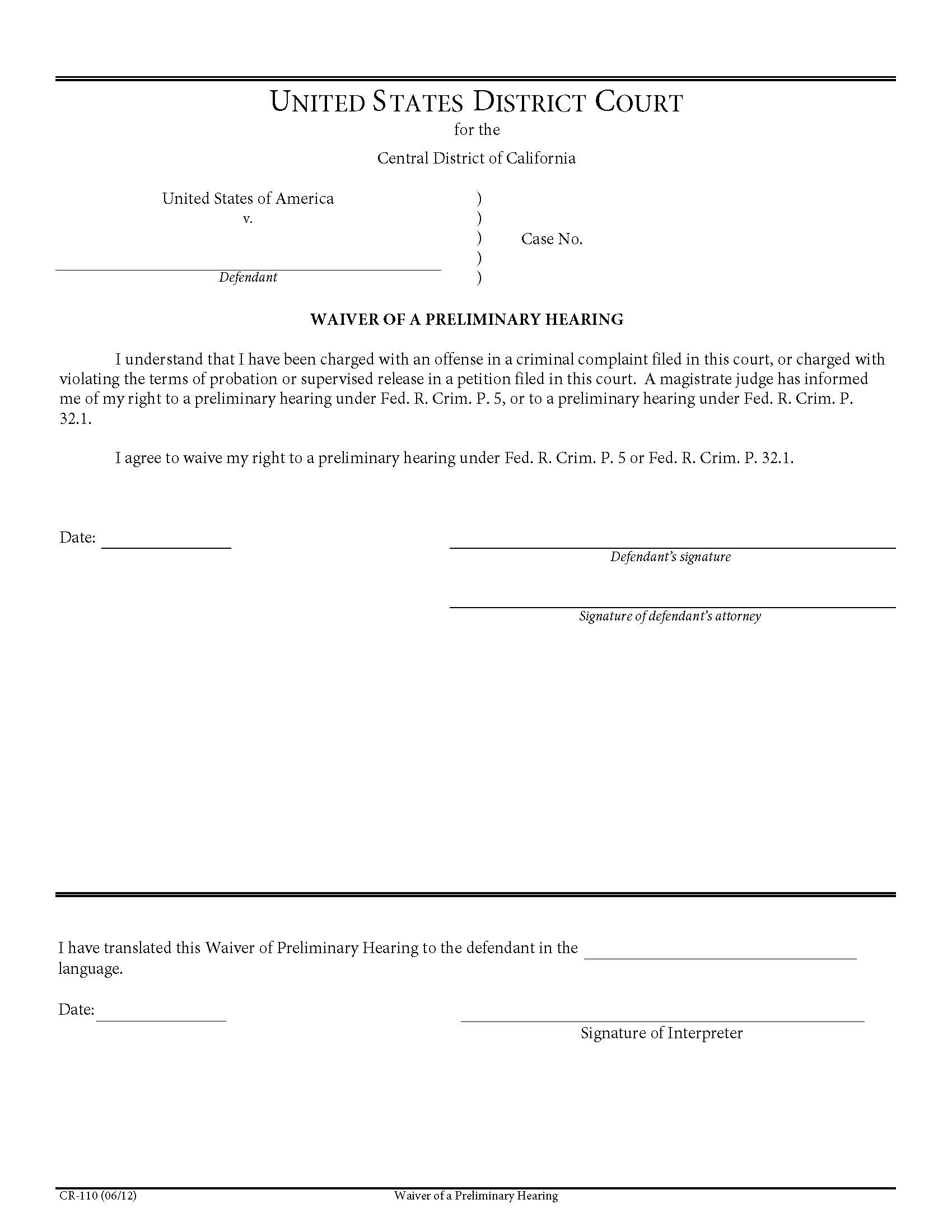 Waiver Of A Preliminary Hearing {CR-110} | Pdf Fpdf Doc Docx | California
