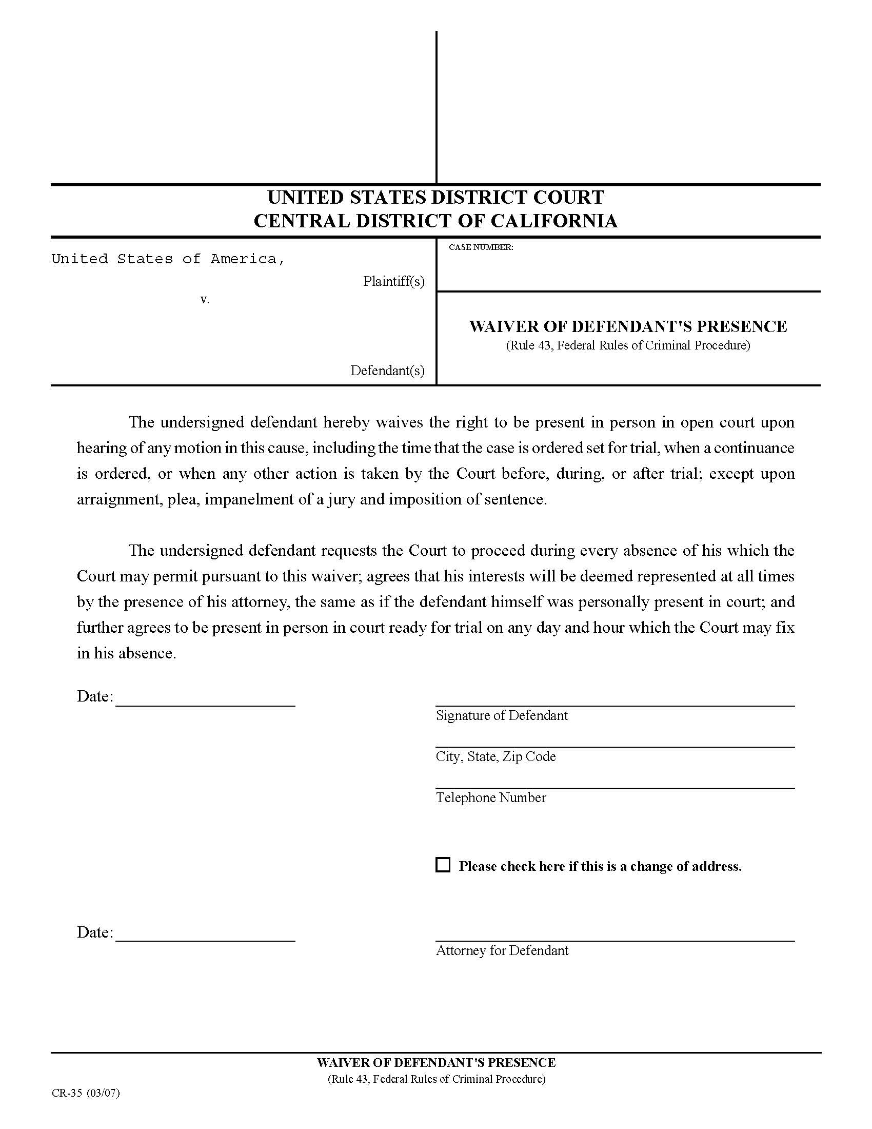 Waiver Of Defendants Presence {CR-35} | Pdf Fpdf Doc Docx | California