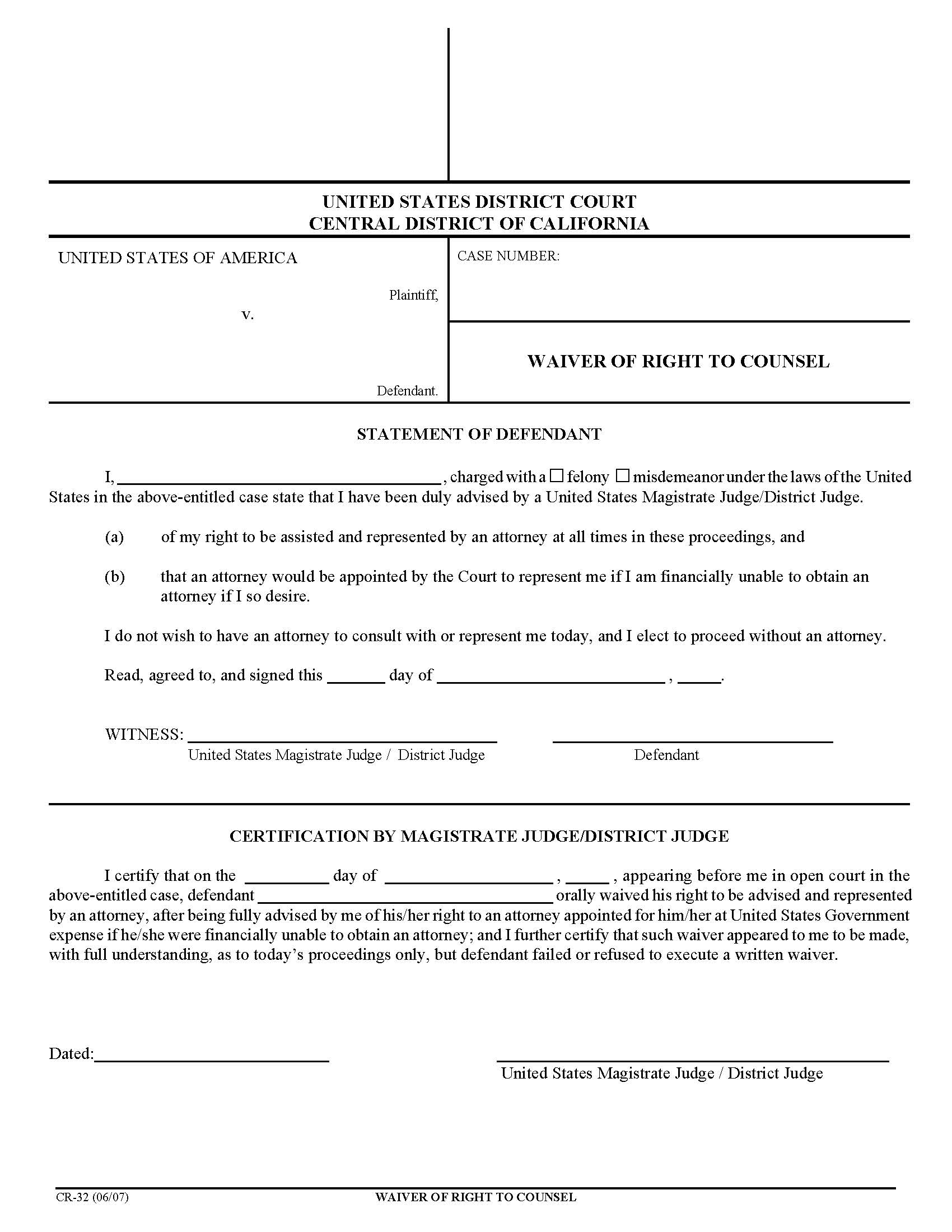 Waiver Of Right To Counsel {CR-32} | Pdf Fpdf Doc Docx | California